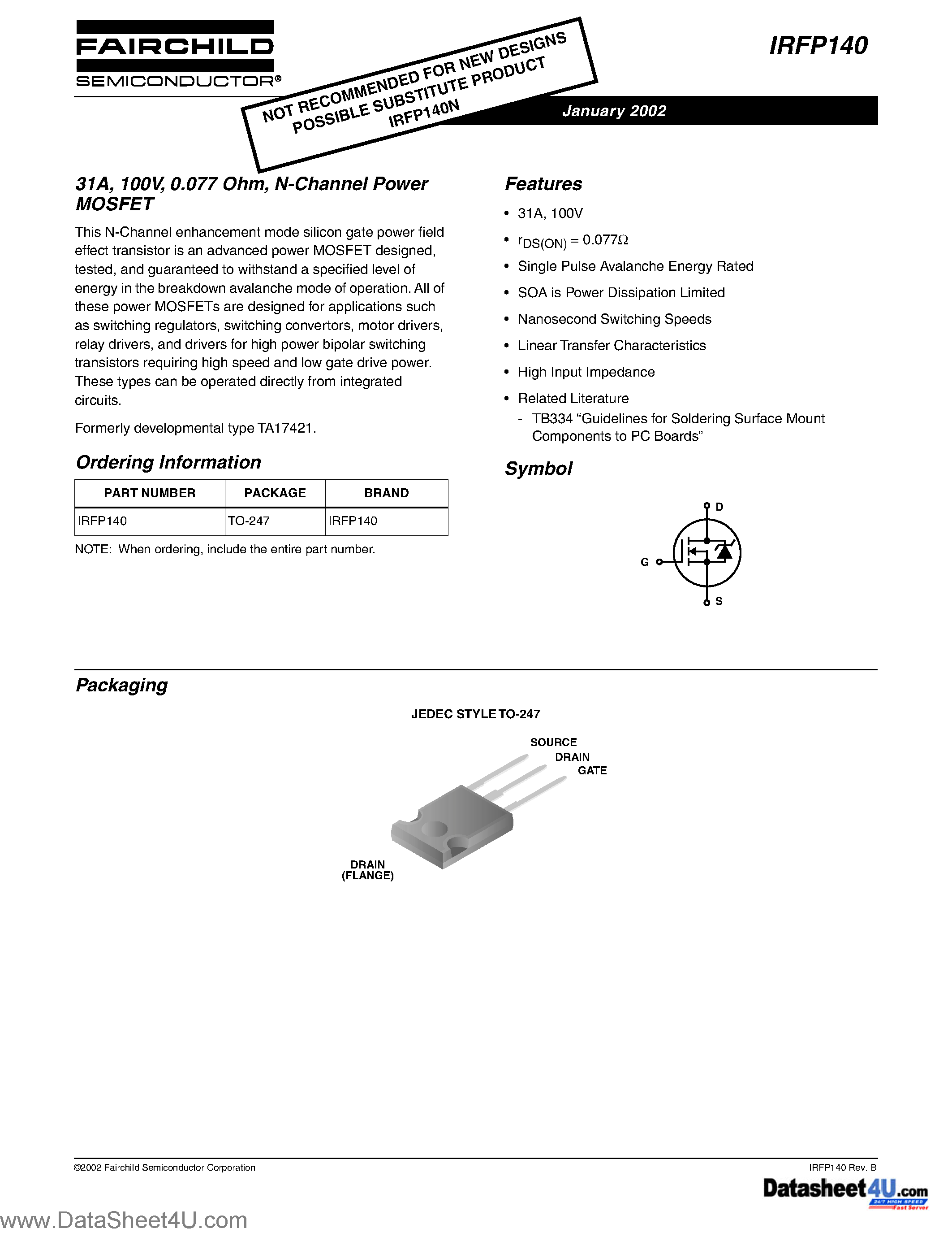 Даташит IRFP140 - N-channel Power MOSFET страница 1