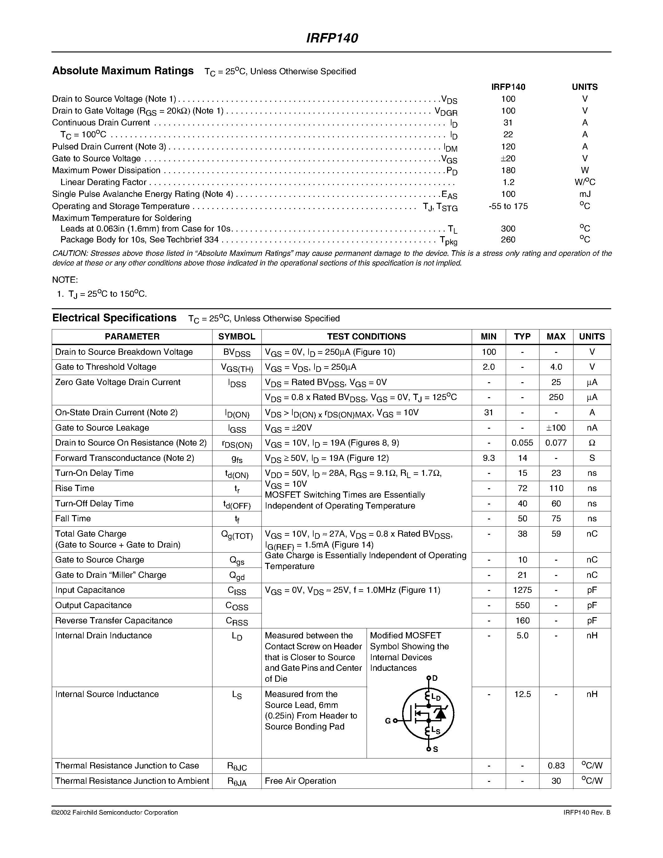 Даташит IRFP140 - N-channel Power MOSFET страница 2