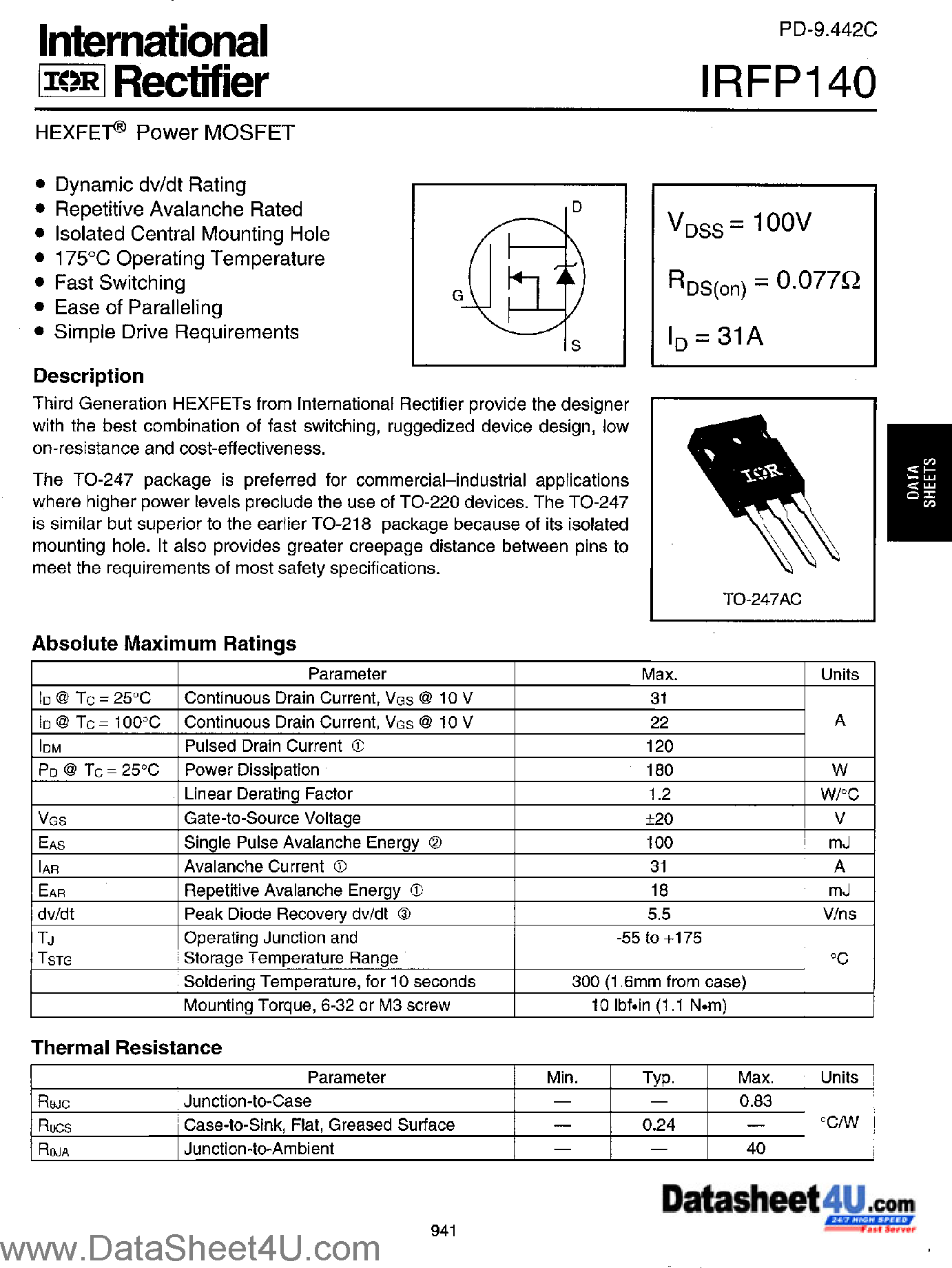 Datasheet IRFP140 page 1 Datasheet IRFP140 - Power MOSFET page 1