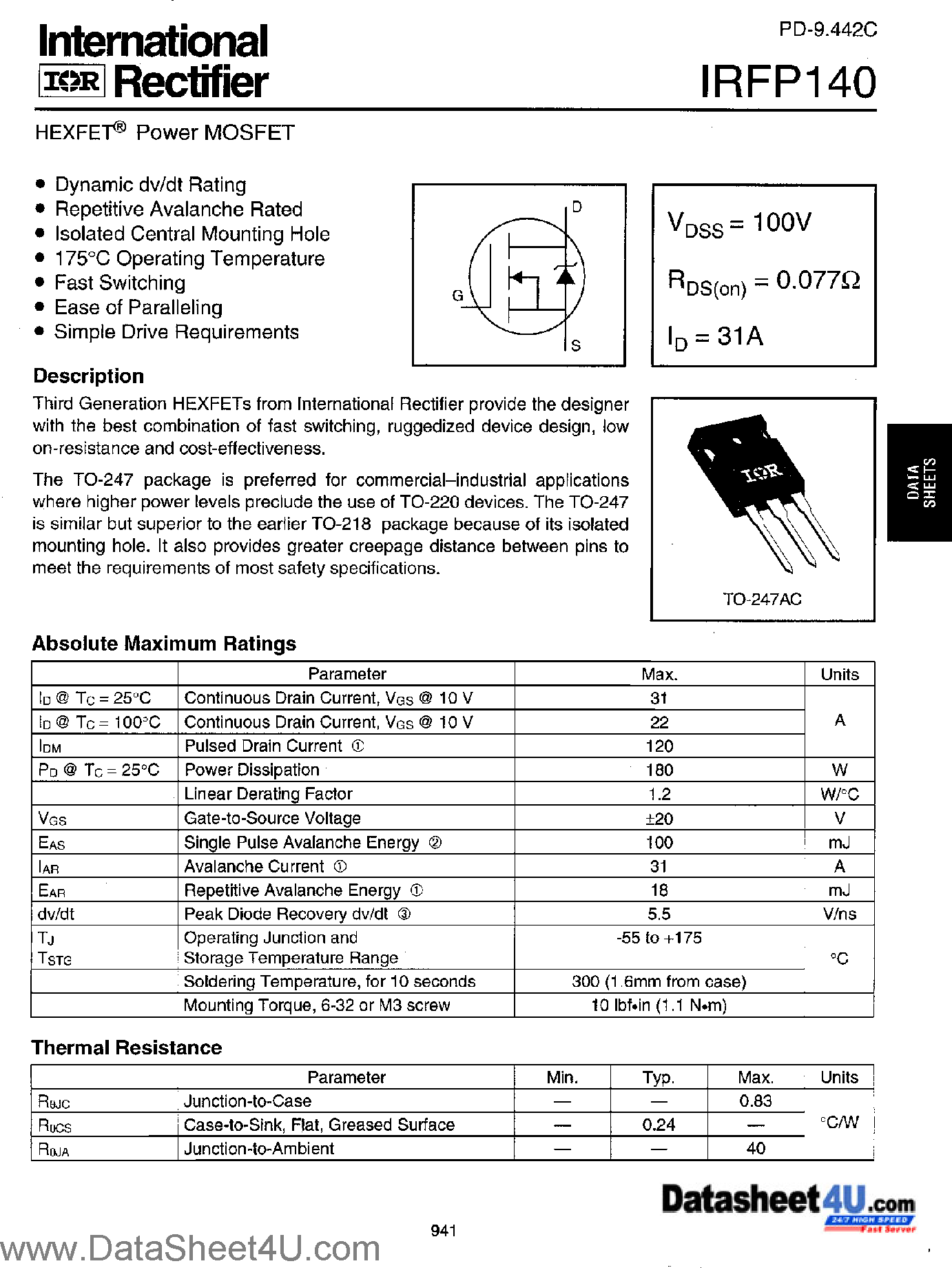 Datasheet IRFP140 - Power MOSFET page 1