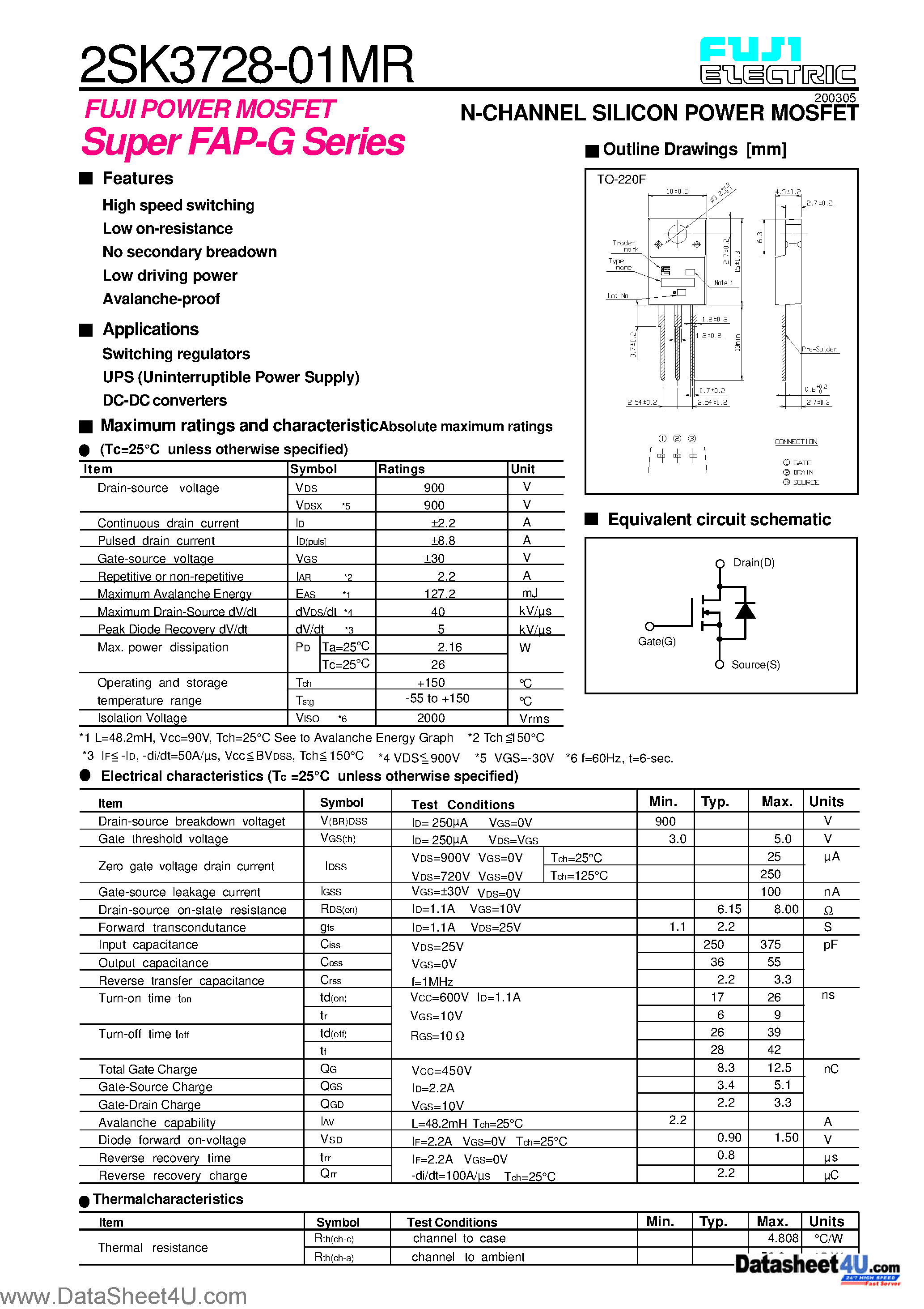 Datasheet 2SK3728-01MR - Power MOSFET page 1
