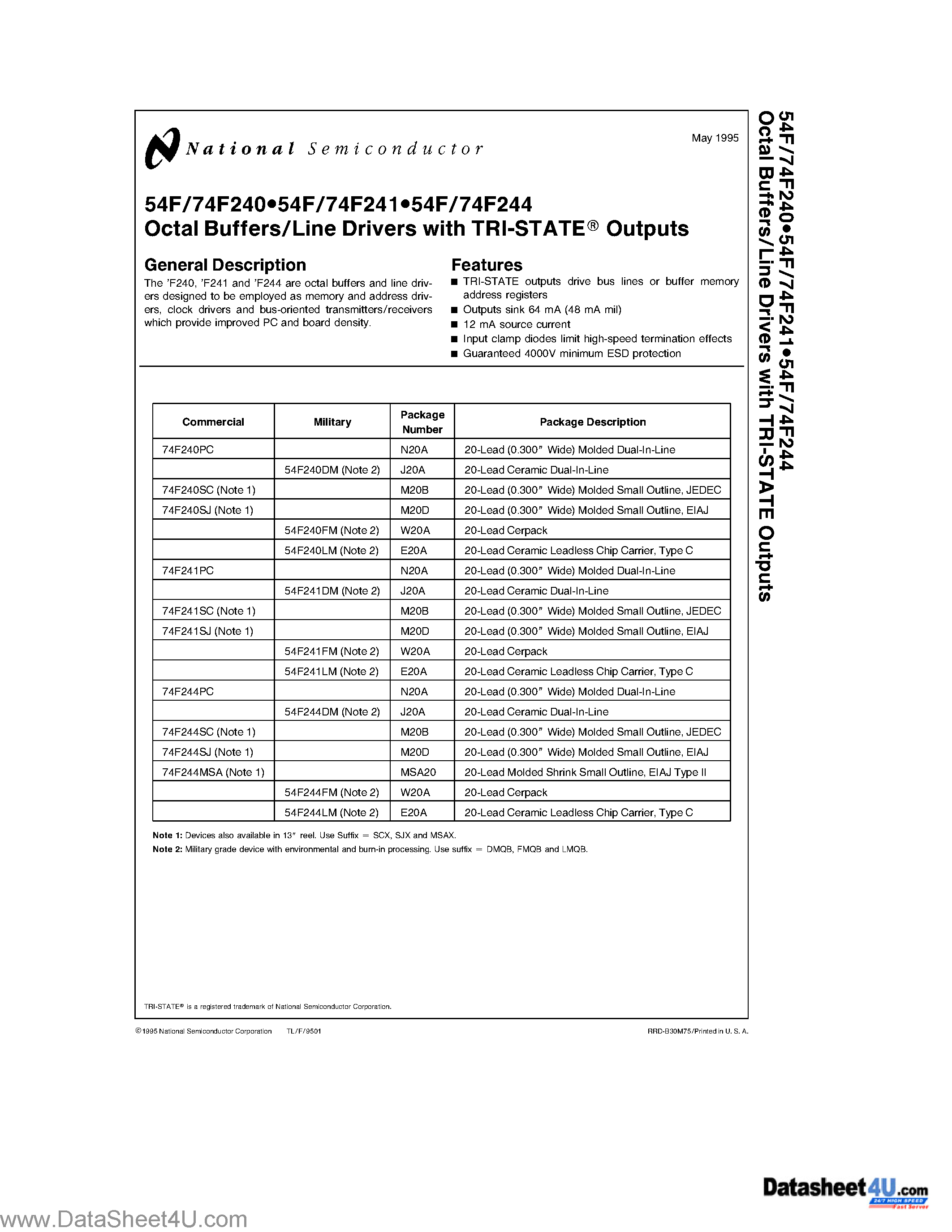 Datasheet 54F240 - (54F240 - 54F244) Octal Buffers/Line Drivers with TRI-STATE Outputs page 1