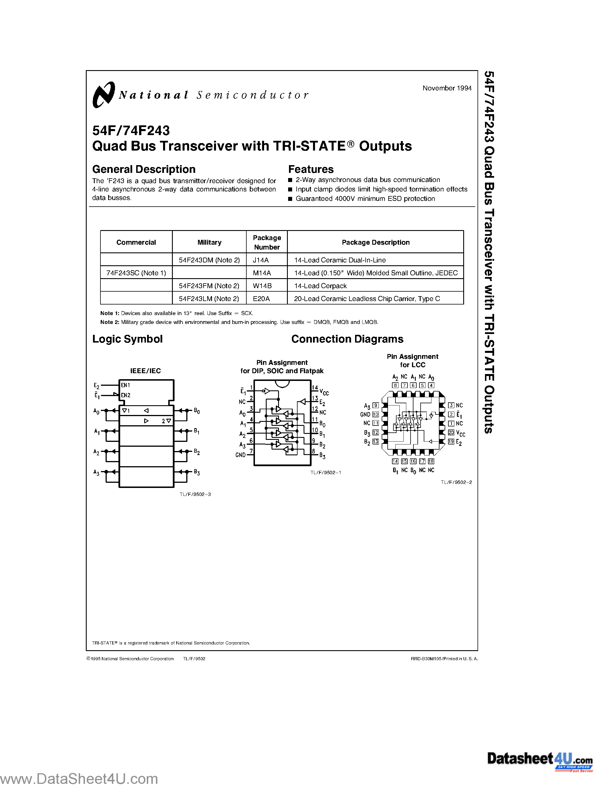 Даташит 54F243 - Quad Bus Transceiver with TRI-STATE Outputs страница 1