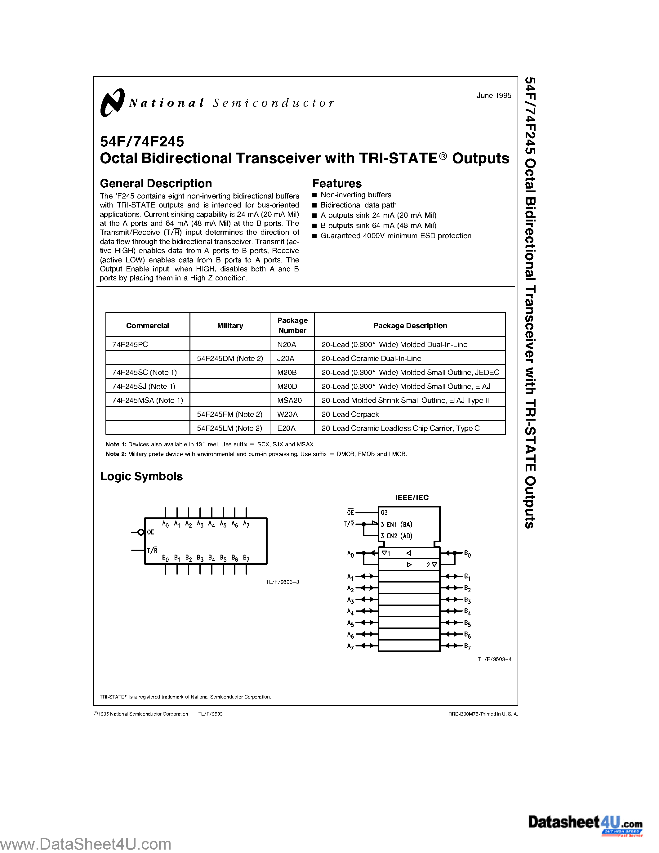 Datasheet 54F245 - Octal Bidirectional Transceiver with TRI-STATE Outputs page 1