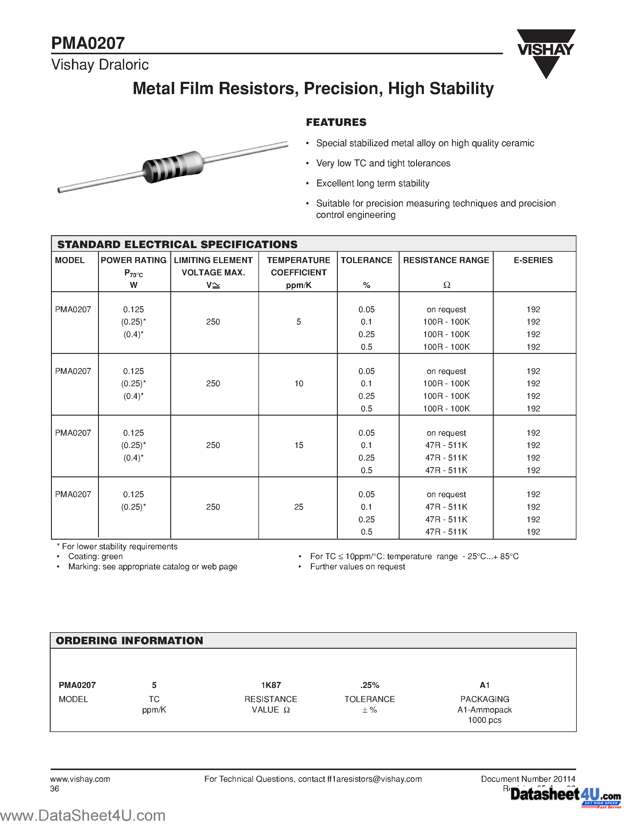 Даташит PMA0207 - Metal Film Resistors / Precision / High Stability страница 1