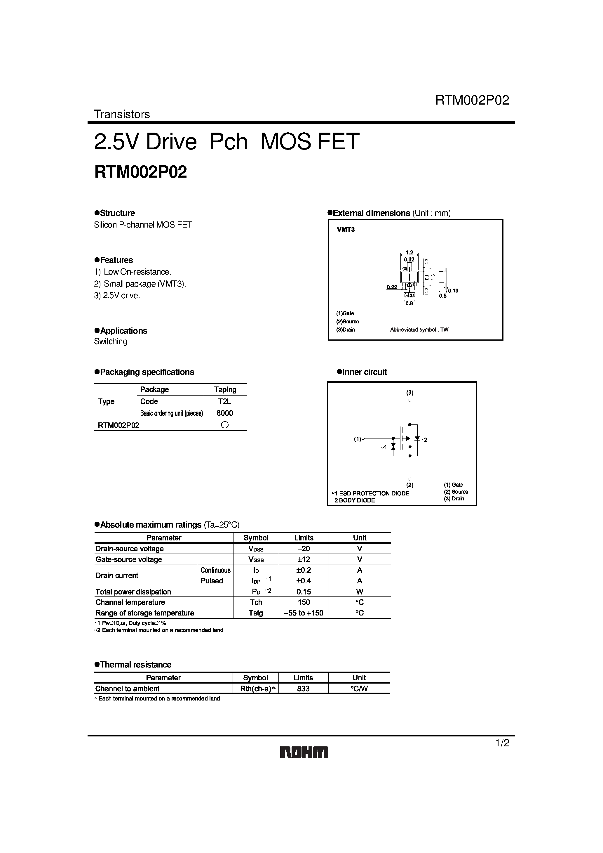 Datasheet RTM002P02 - 2.5V Drive Pch MOS FET page 1