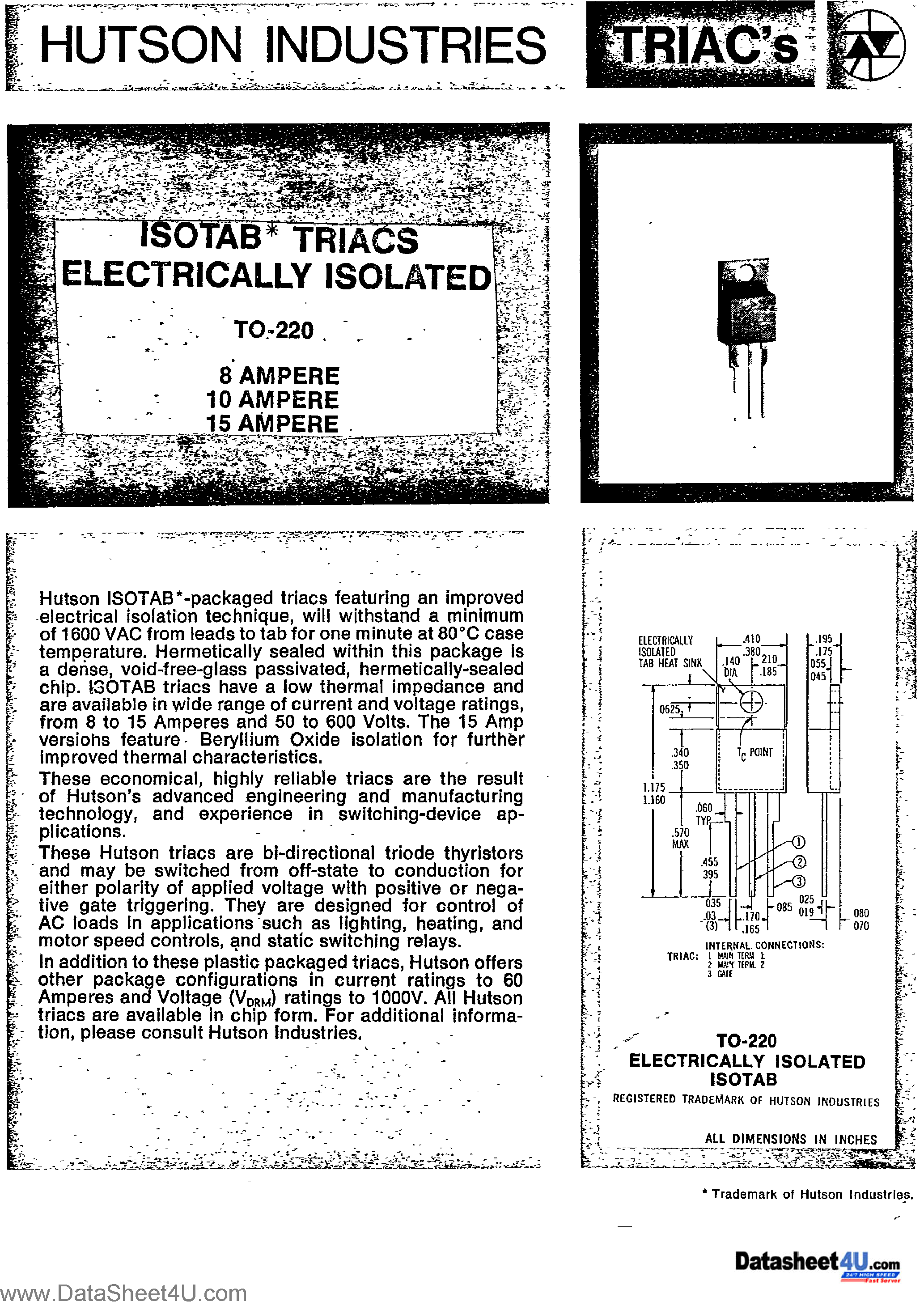 Datasheet IT310 - (IT3xx) ISOTAB TRIACS ELECTRICALLY ISOLATED page 1