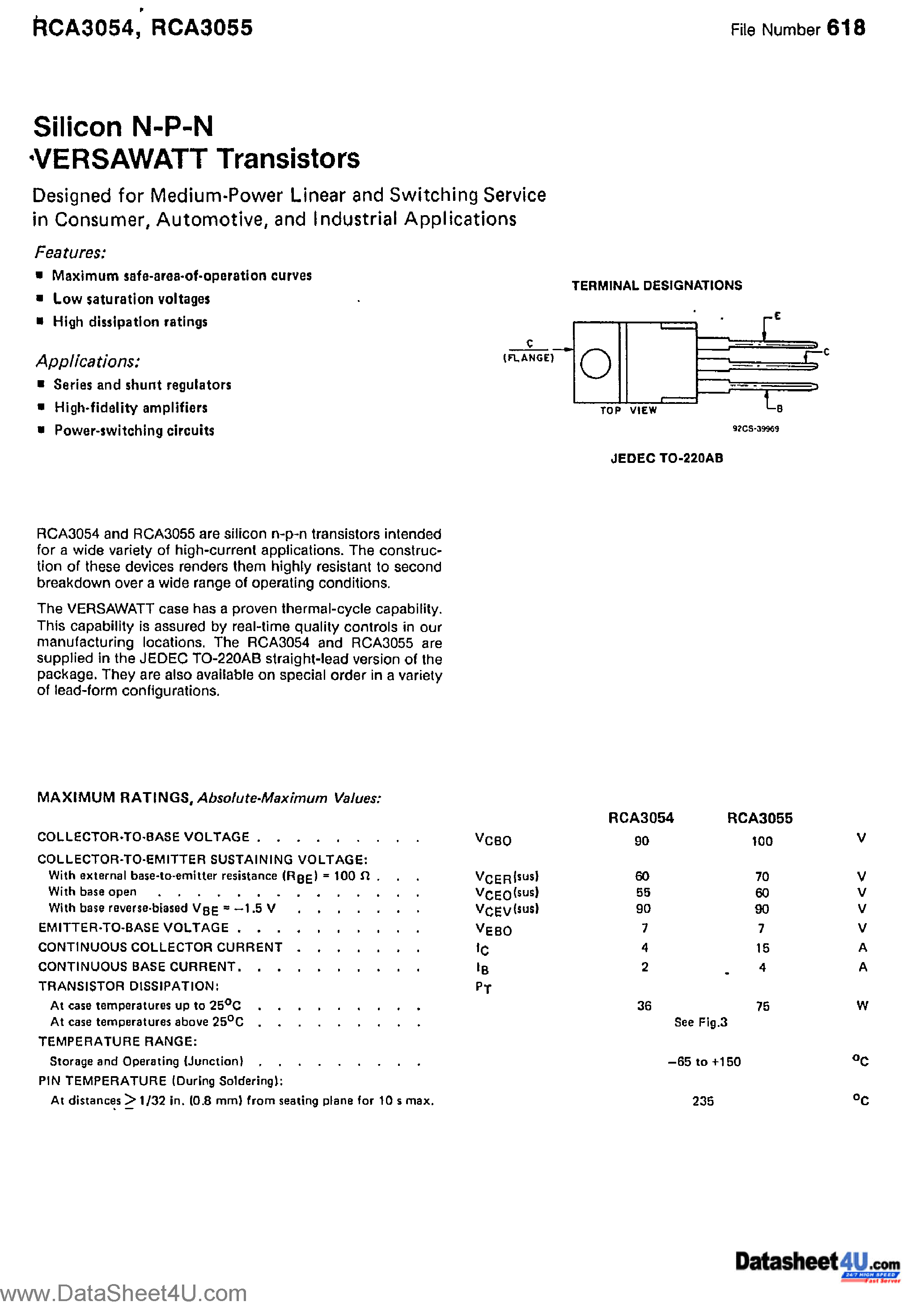 Datasheet RCA3054 - (RCA3054 / RCA3055) SILICON N-P-N VERSAWATT TRANSISTORS page 1