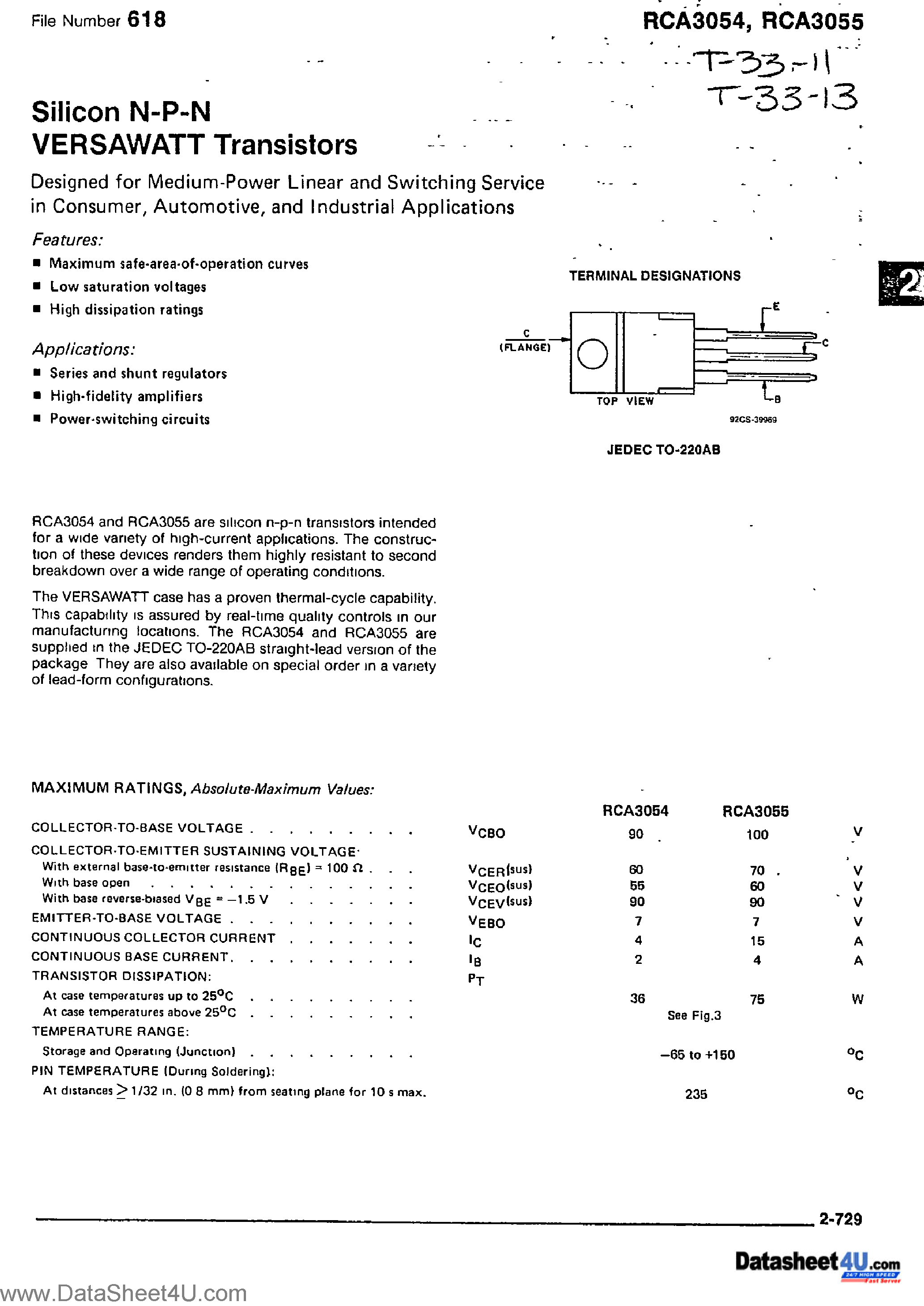 Даташит RCA3054 - (RCA3054 / RCA3055) SILICON N-P-N VERSAWATT TRANSISTORS страница 1