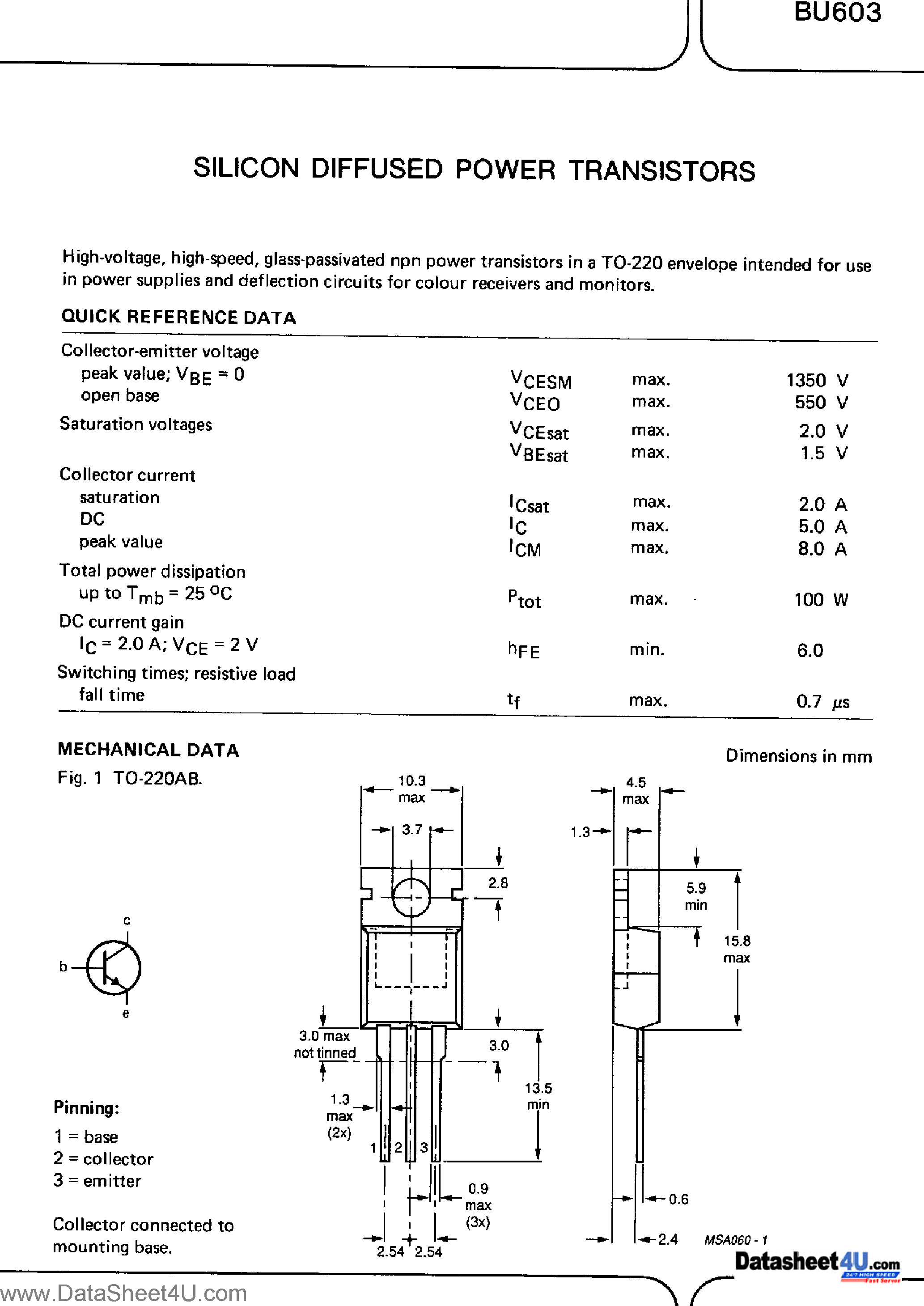 Даташит BU603 - Silicon Diffused Power Transistors страница 1
