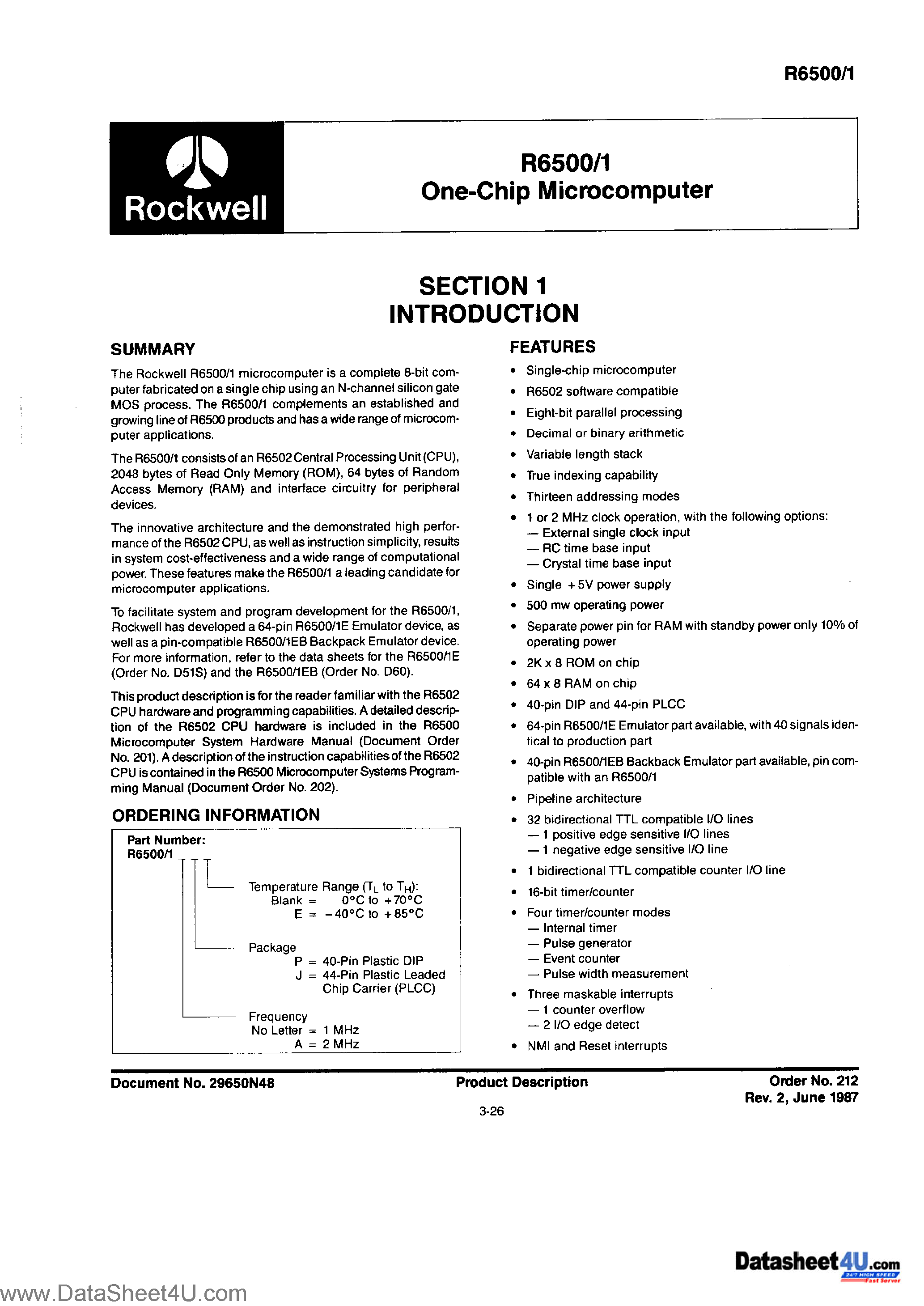 Datasheet R6500/1 page 1 Datasheet R6500/1 - One-Chip Microcomputer page 1