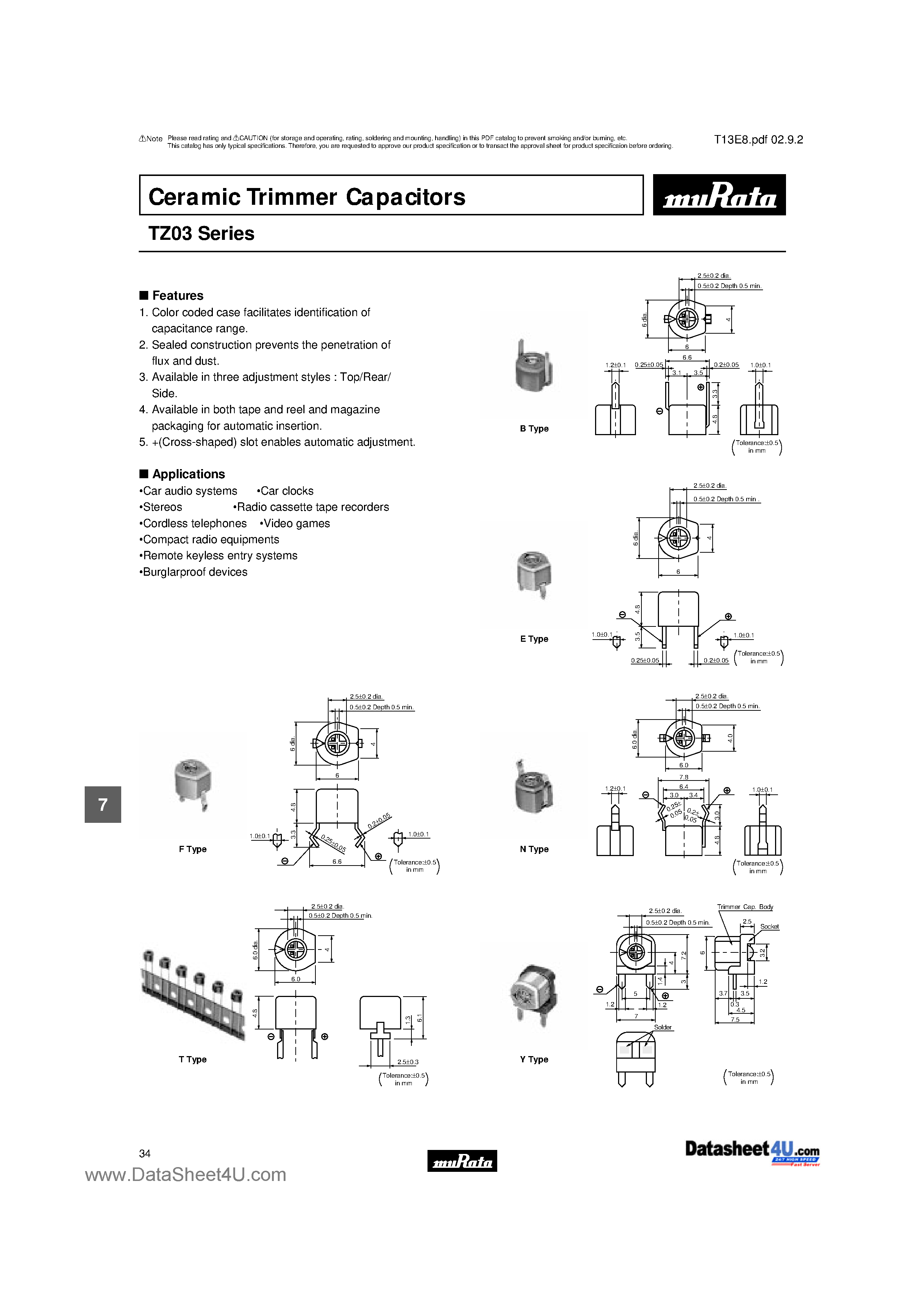 Datasheet TZ03 - (TZ03 Series) Ceramic Trimmer Capacitors page 1