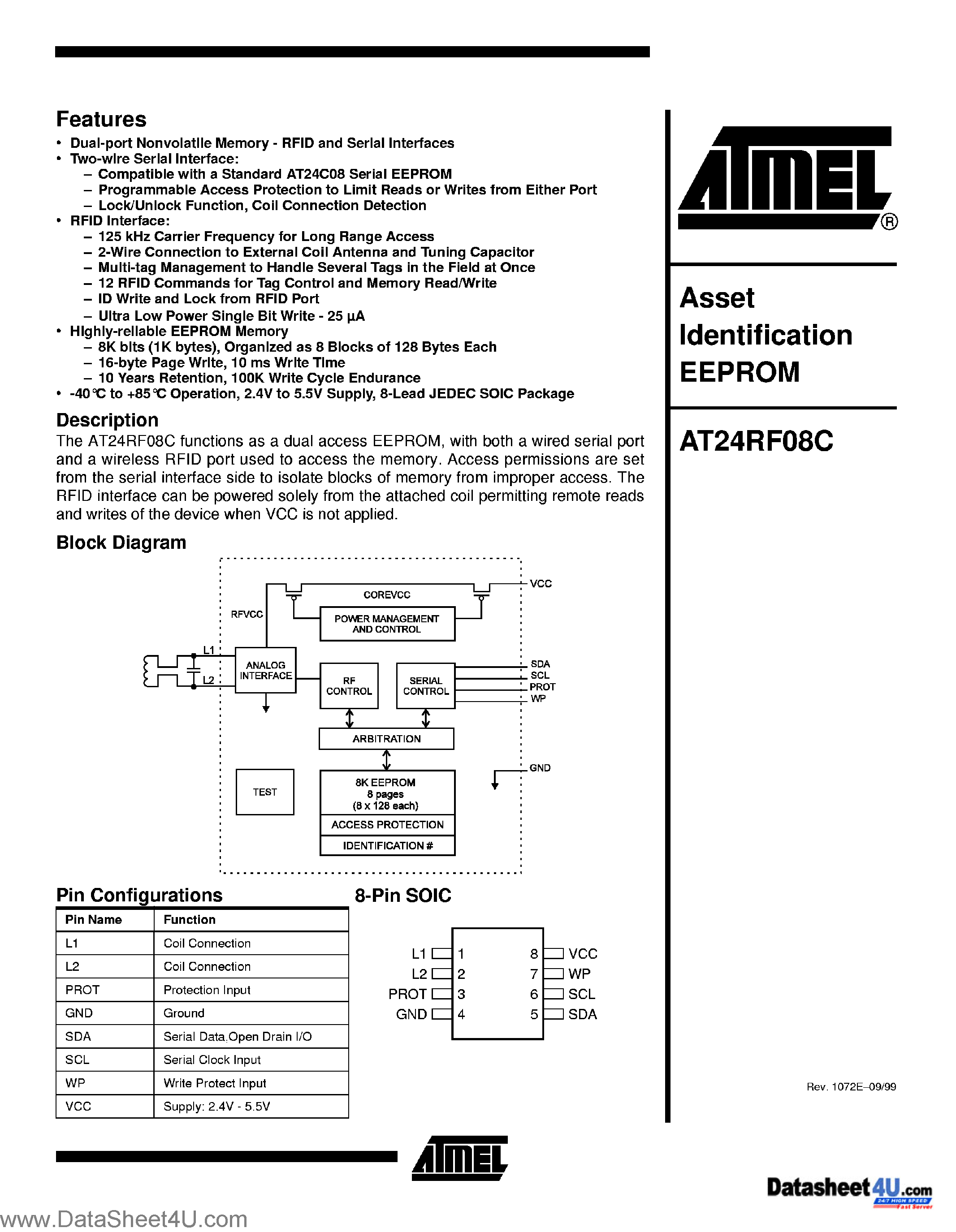 Даташит на микросхему AT24RF08C страница 1 Даташит AT24RF08C - 1K x 8 Dual Access EEPROM страница 1
