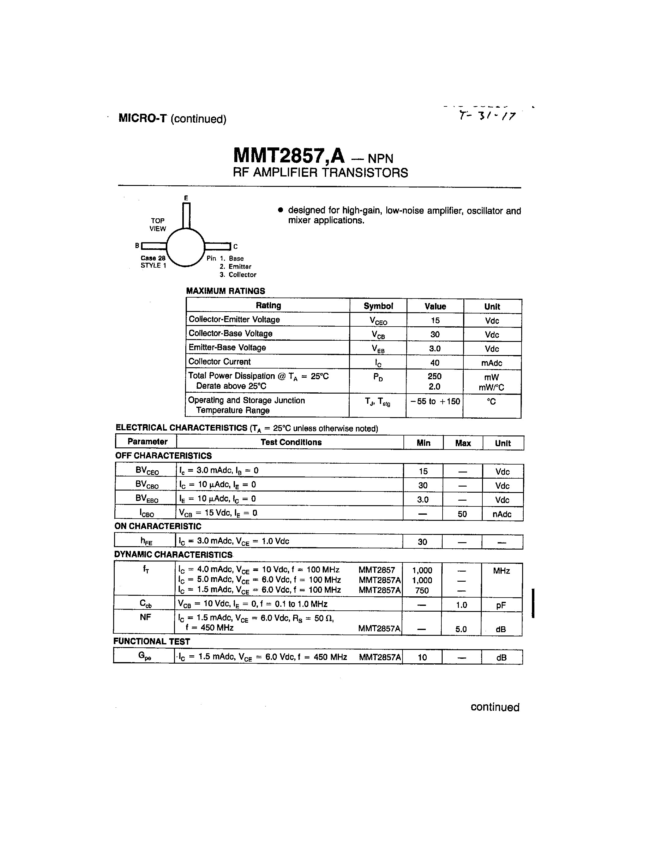 Даташит MMT2857 - RF AMPLIFIER TRANSISTORS страница 1