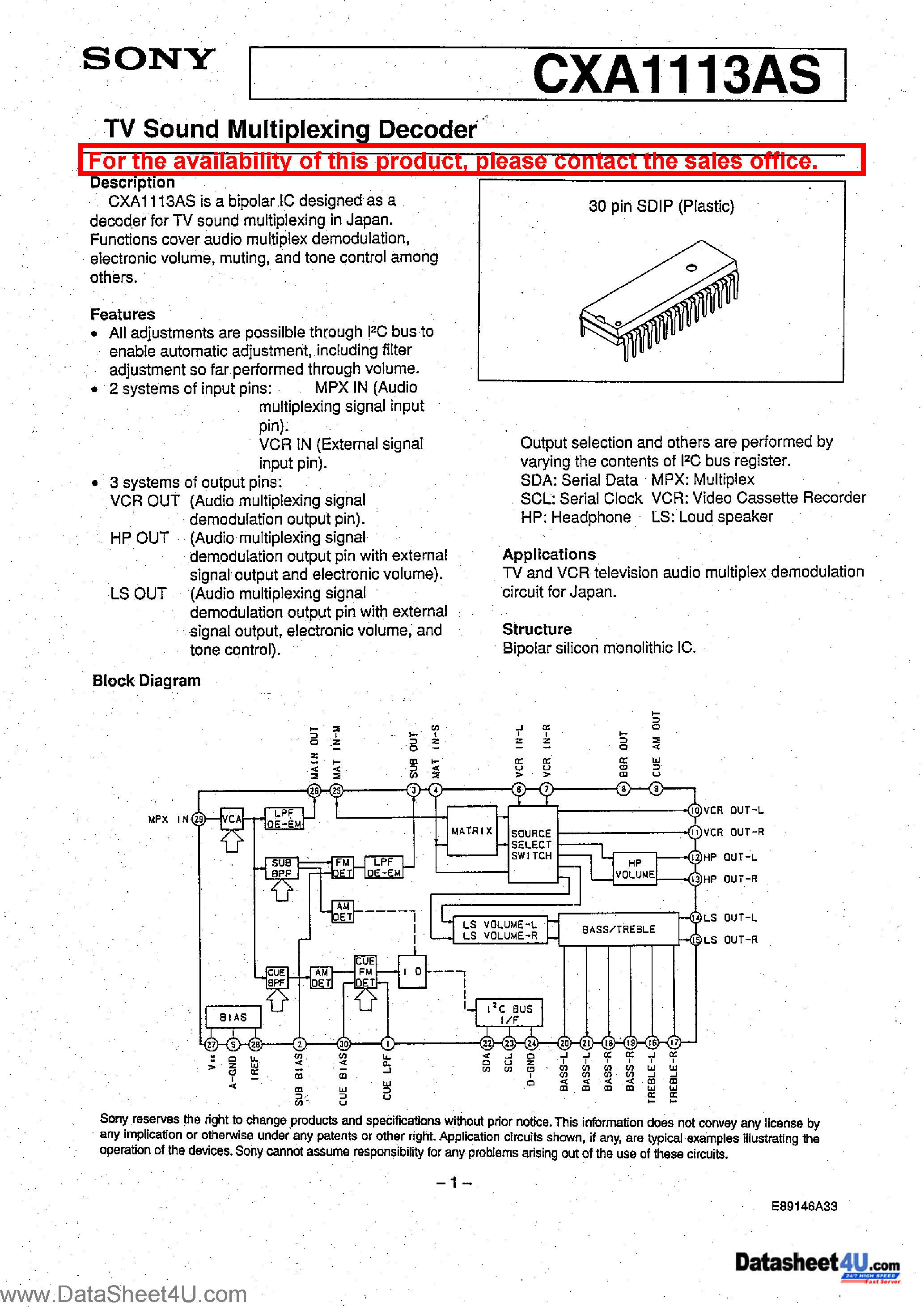 Datasheet CXA1113AS page 1 Datasheet CXA1113AS - TV Sound Multiplexing Decoder page 1