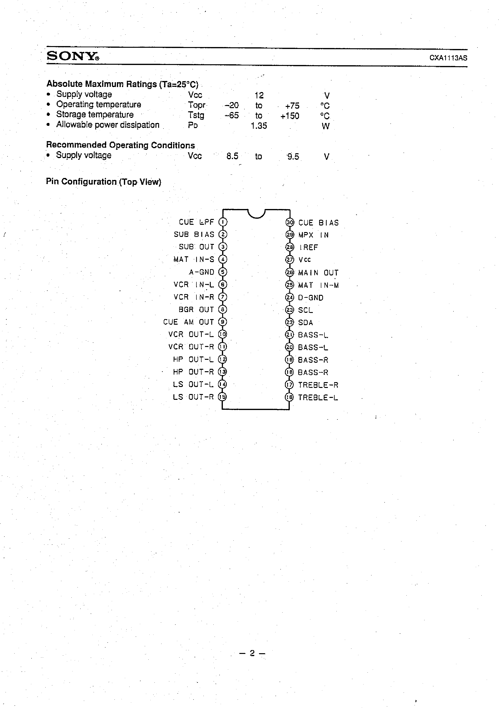Datasheet CXA1113AS page 2 Datasheet CXA1113AS - TV Sound Multiplexing Decoder page 2