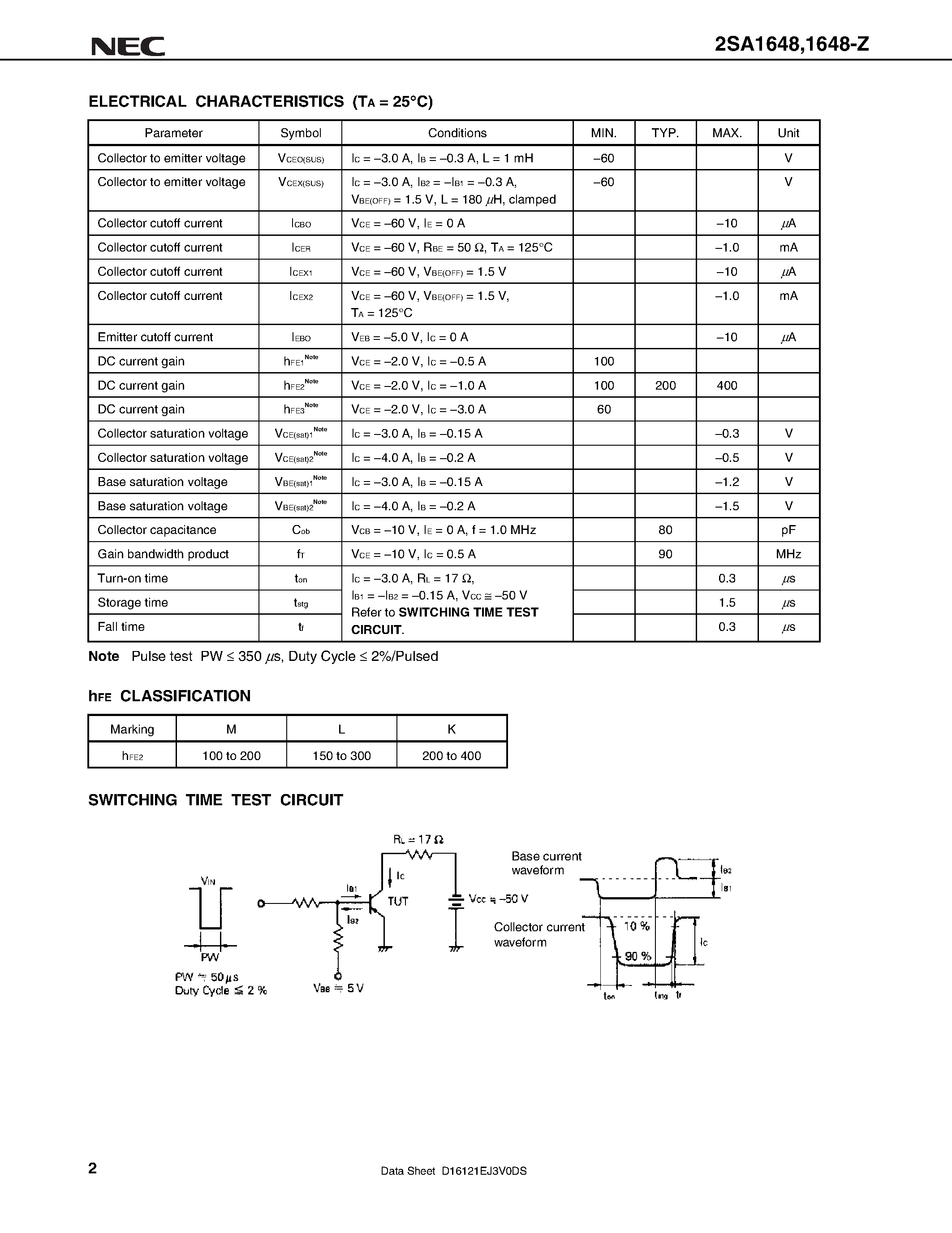 Datasheet 2SA1648 - PNP SILICON EPITAXIAL TRANSISTOR FOR HIGH-SPEED SWITCHING page 2