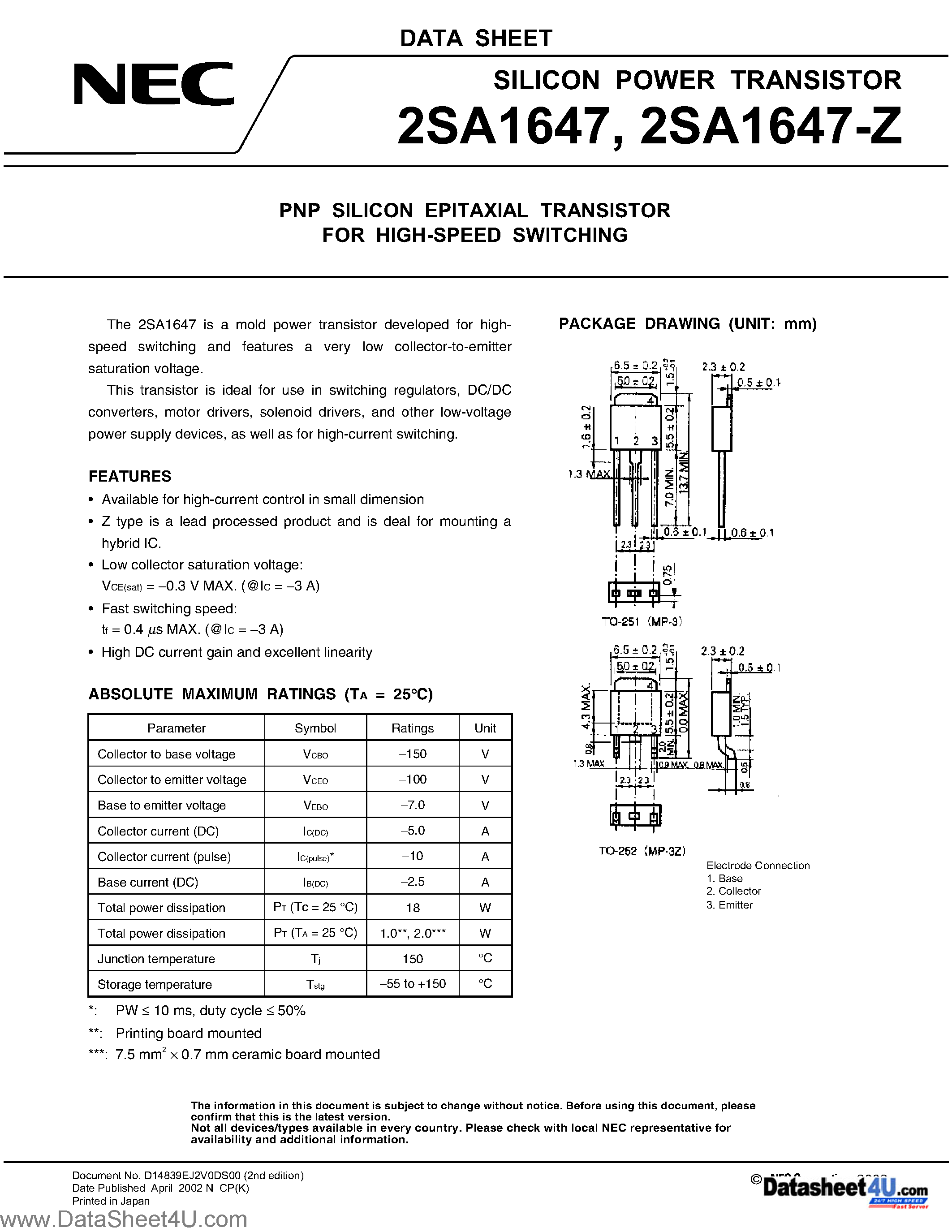 Datasheet 2SA1647 - SILICON POWER TRANSISTOR page 1