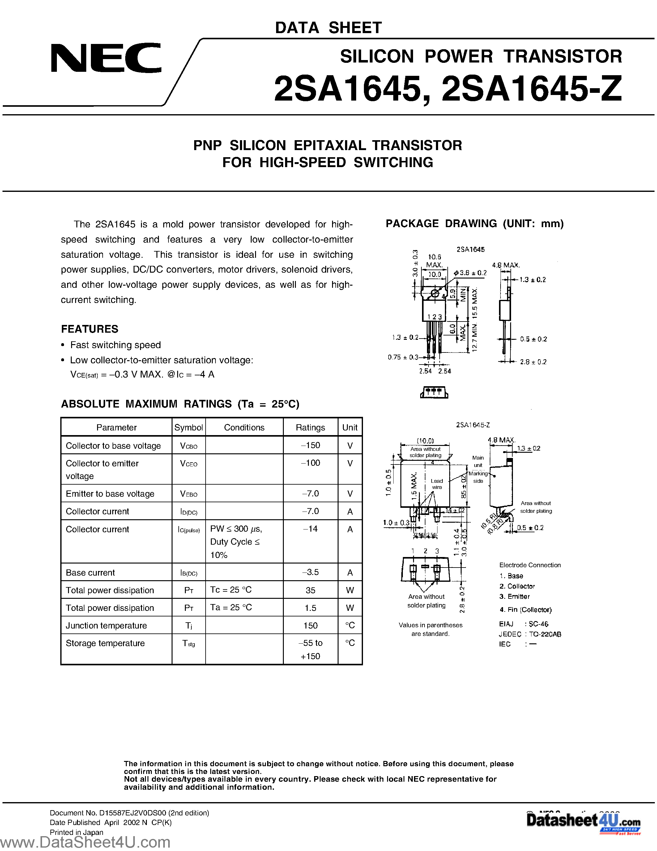 Datasheet 2SA1645 - PNP SILICON EPITAXIAL TRANSISTOR FOR HIGH-SPEED SWITCHING page 1