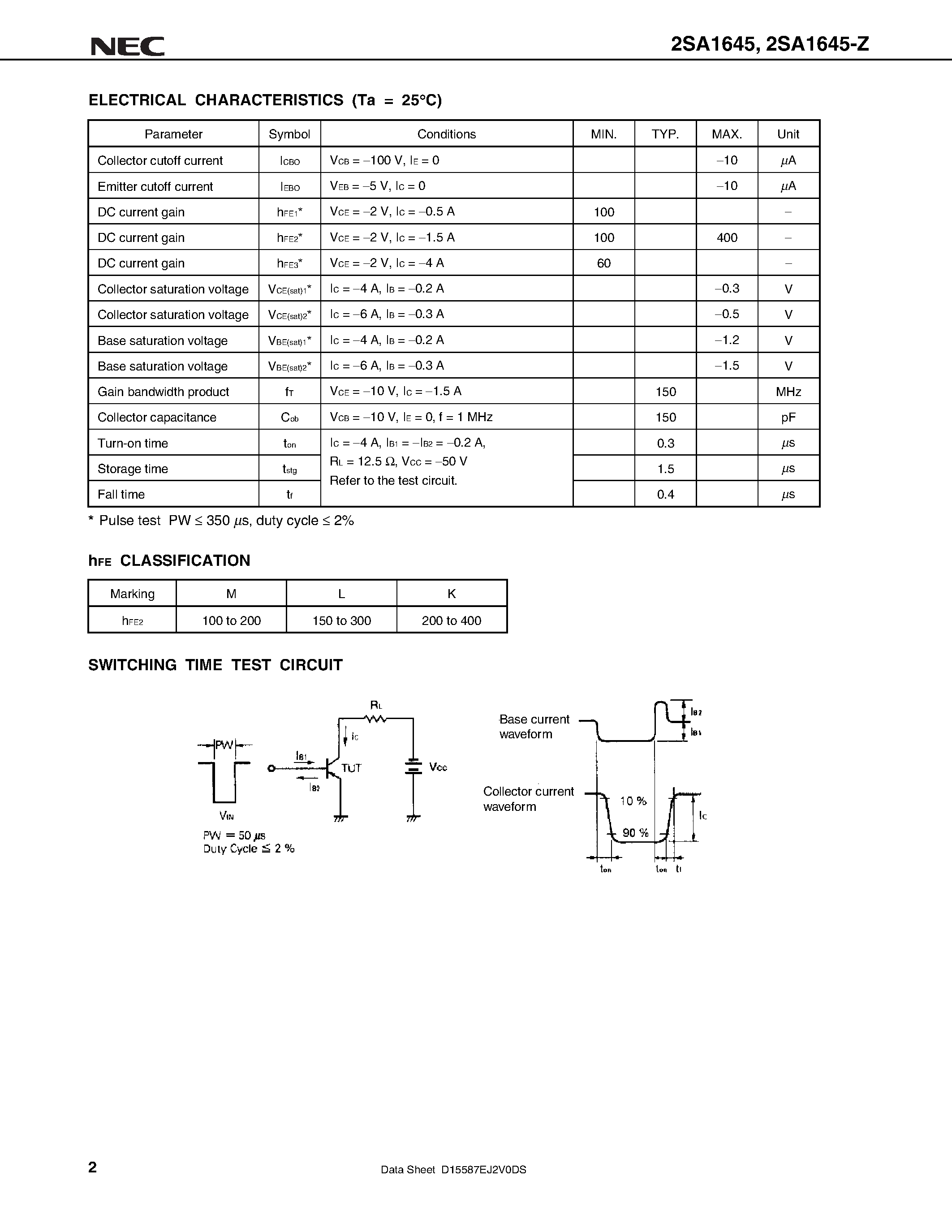 Datasheet 2SA1645 - PNP SILICON EPITAXIAL TRANSISTOR FOR HIGH-SPEED SWITCHING page 2