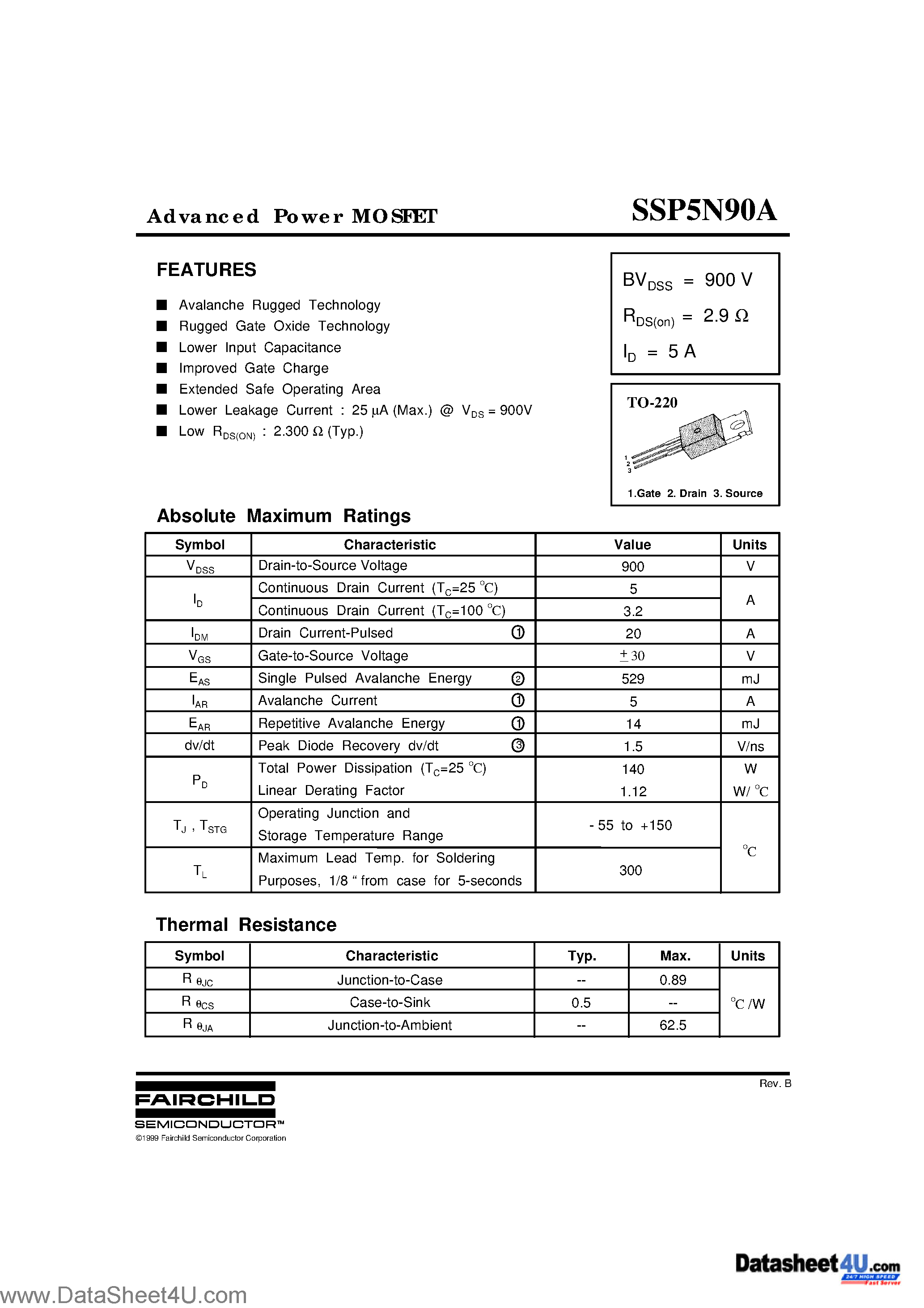 Datasheet SSP5N90A page 1 Datasheet SSP5N90A - Advanced Power MOSFET page 1