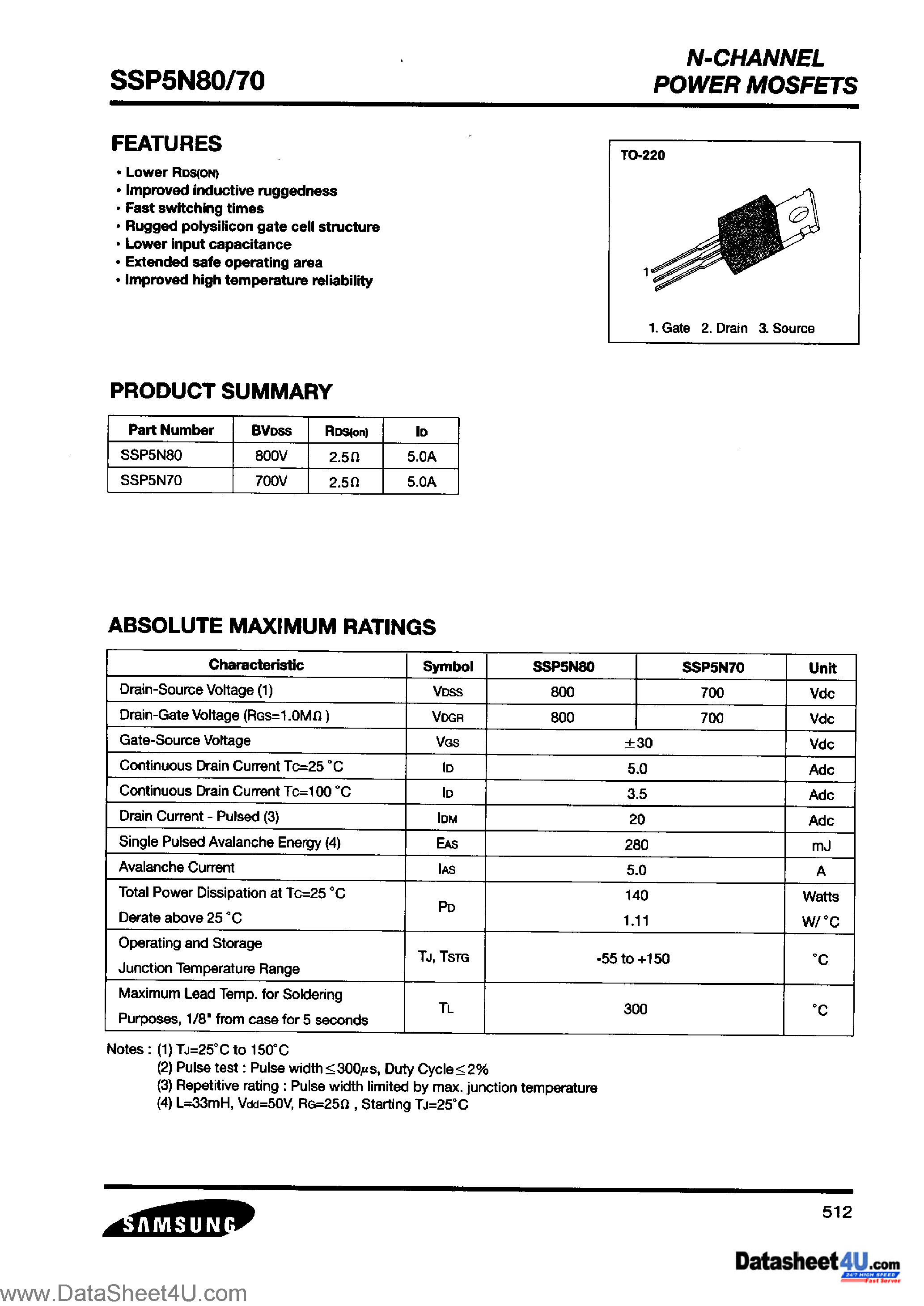 Datasheet SSP5N70 - (SSP5N70 / SSP5N80) N-Channel Power MOSFET page 1