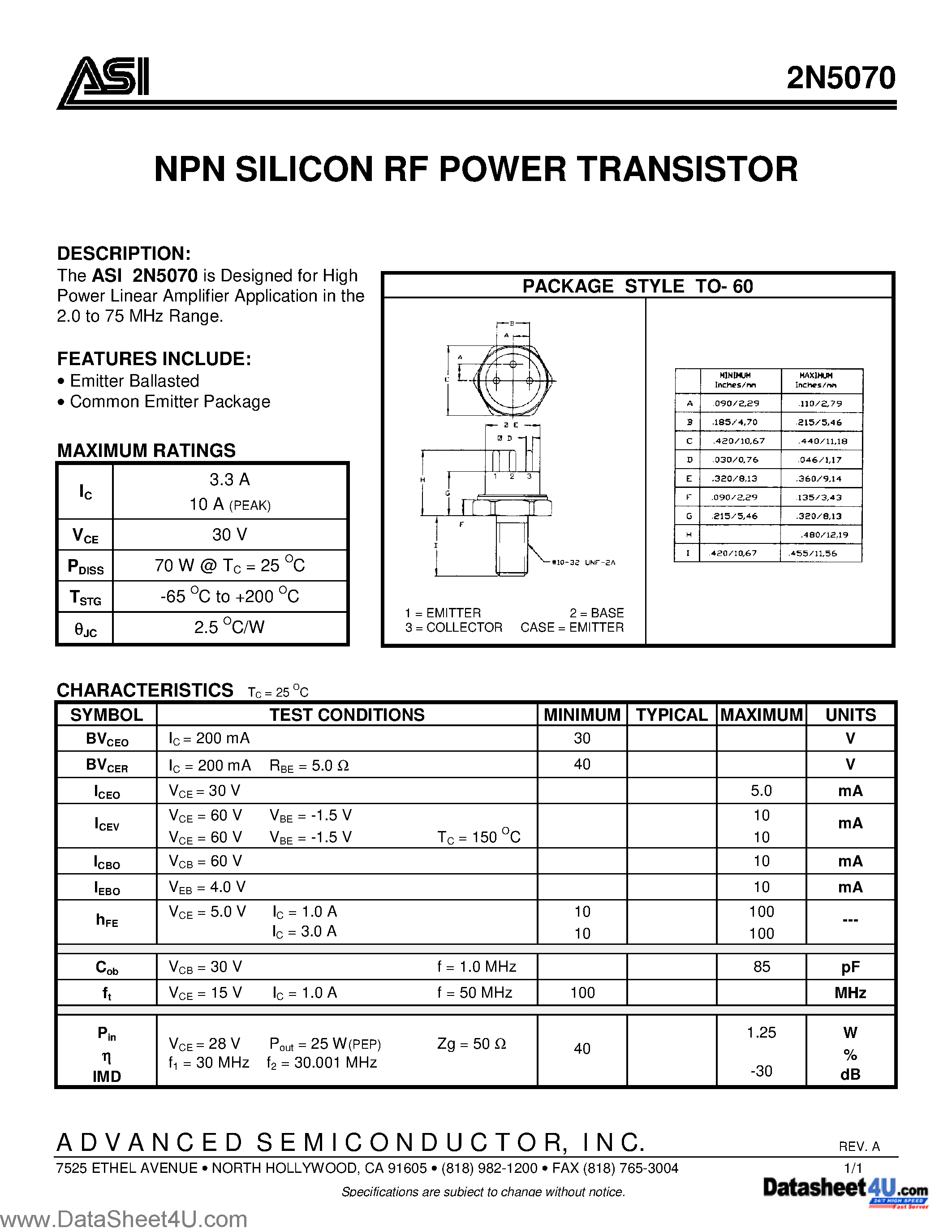 Datasheet 2N5070 page 1 Datasheet 2N5070 - NPN Silicon RF Power Transistor page 1