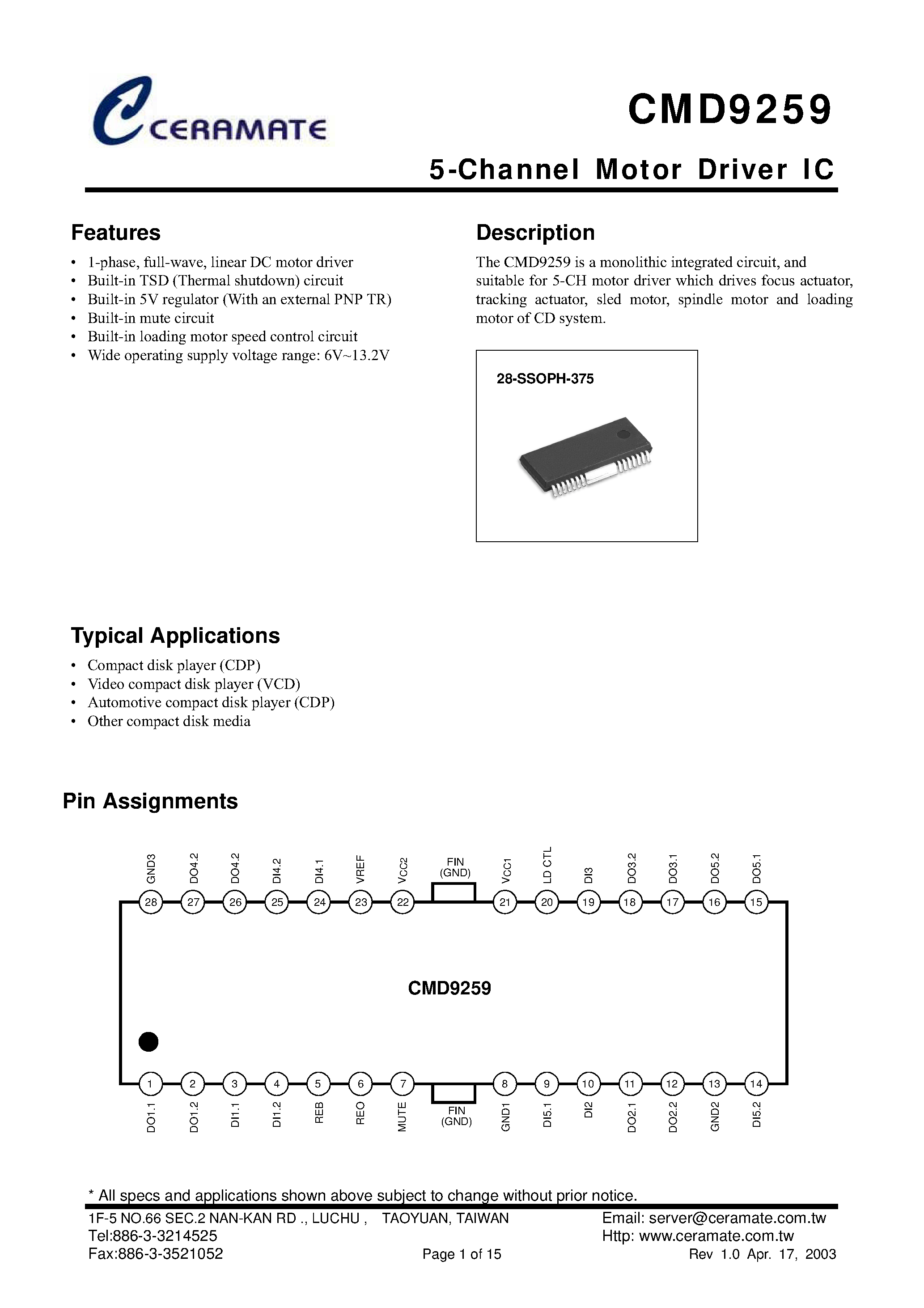 Datasheet CMD9259 - 5-Channel Motor Driver IC page 1