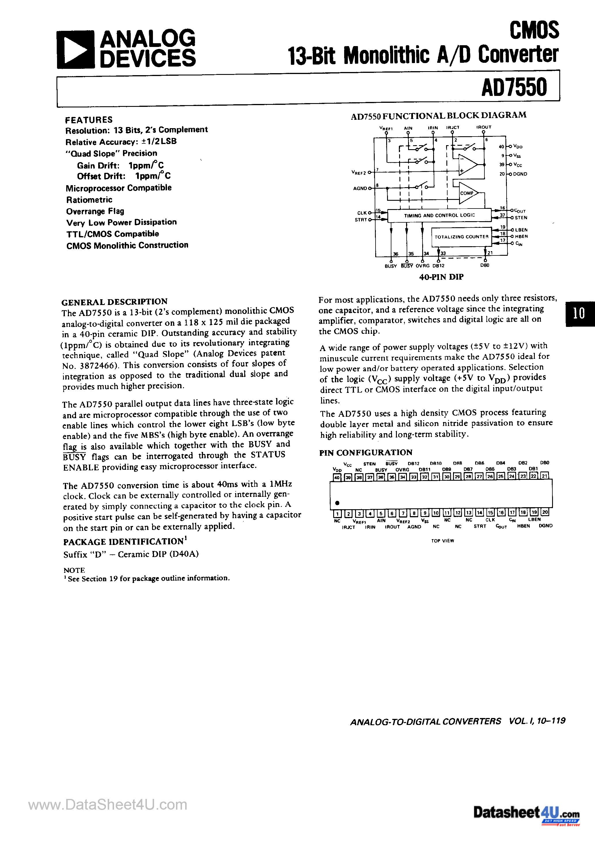 Datasheet AD7550 page 1 Datasheet AD7550 - 13-Bit Monolithic A/D Converter page 1