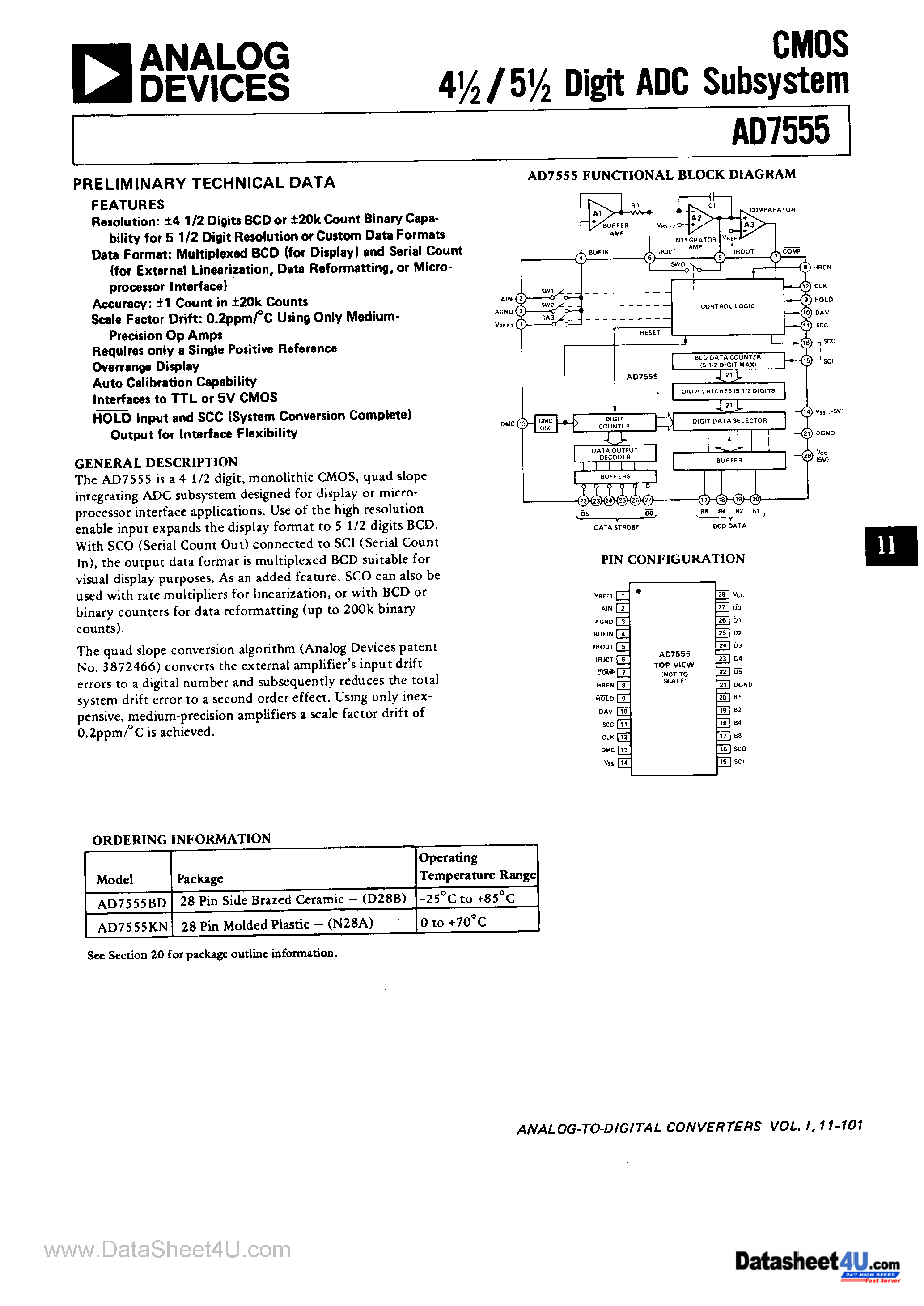 Datasheet AD7555 - CMOS Digit ADC Subsystem page 1