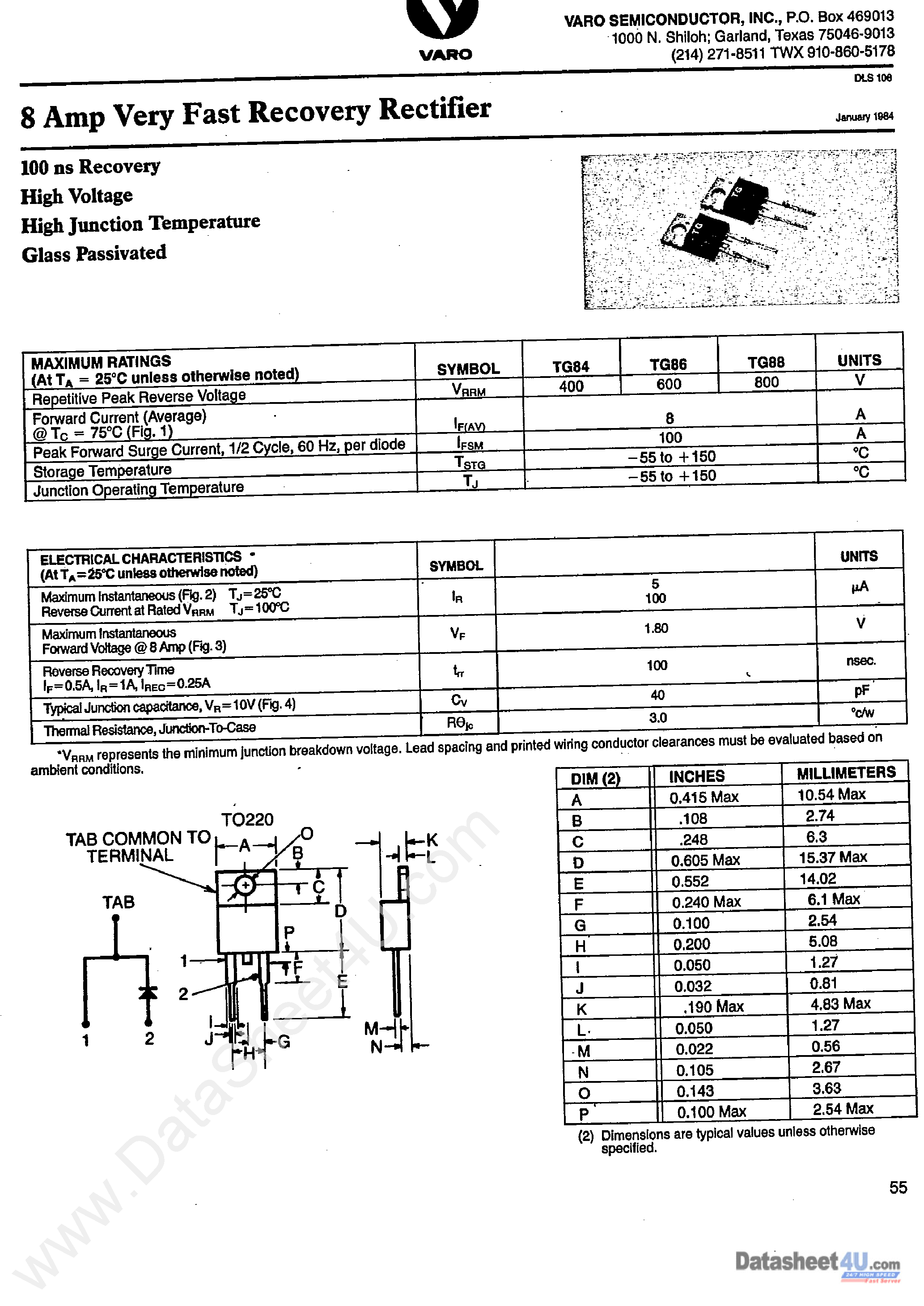 Datasheet TG84 page 1 Datasheet TG84 - (TG84 - TG88) 8 Amp Very Fast Recovery Rectifier page 1