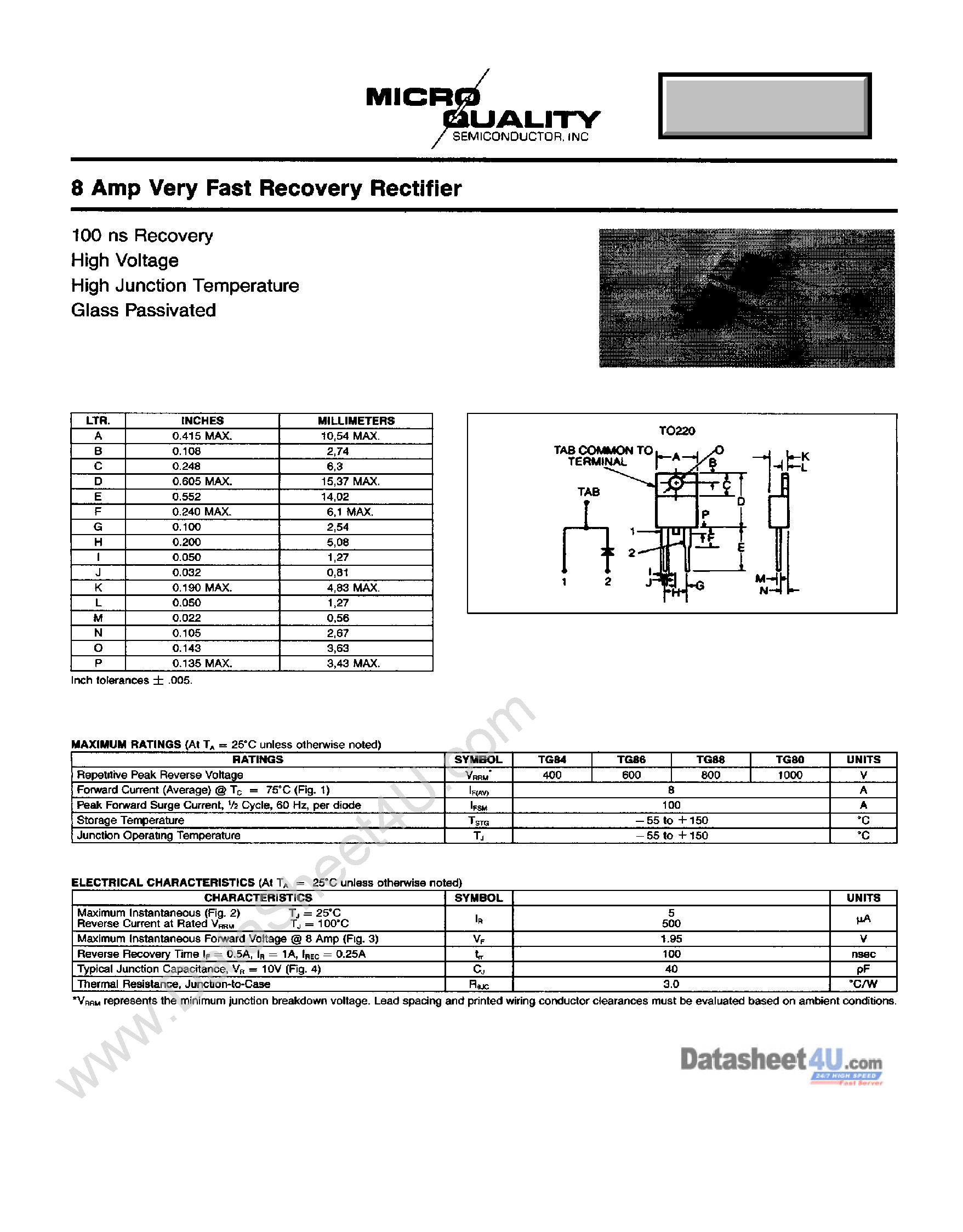 Datasheet TG80 page 1 Datasheet TG80 - (TG84 - TG80) 8 Amp Very Fast Recovery Rectifier page 1