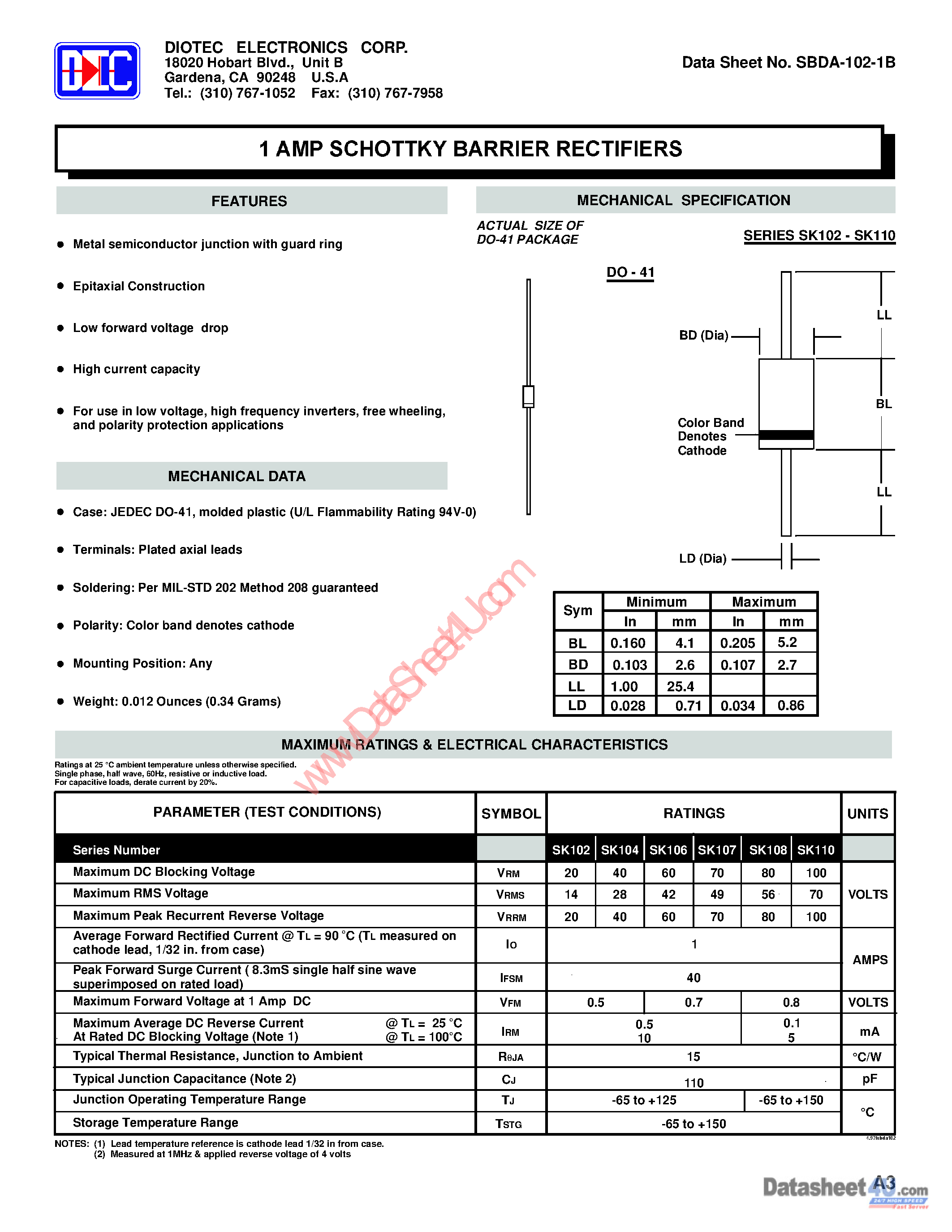 Datasheet SK102 - (SK102 - SK110) 1 Amp Schottky Barrier Rectifiers page 1
