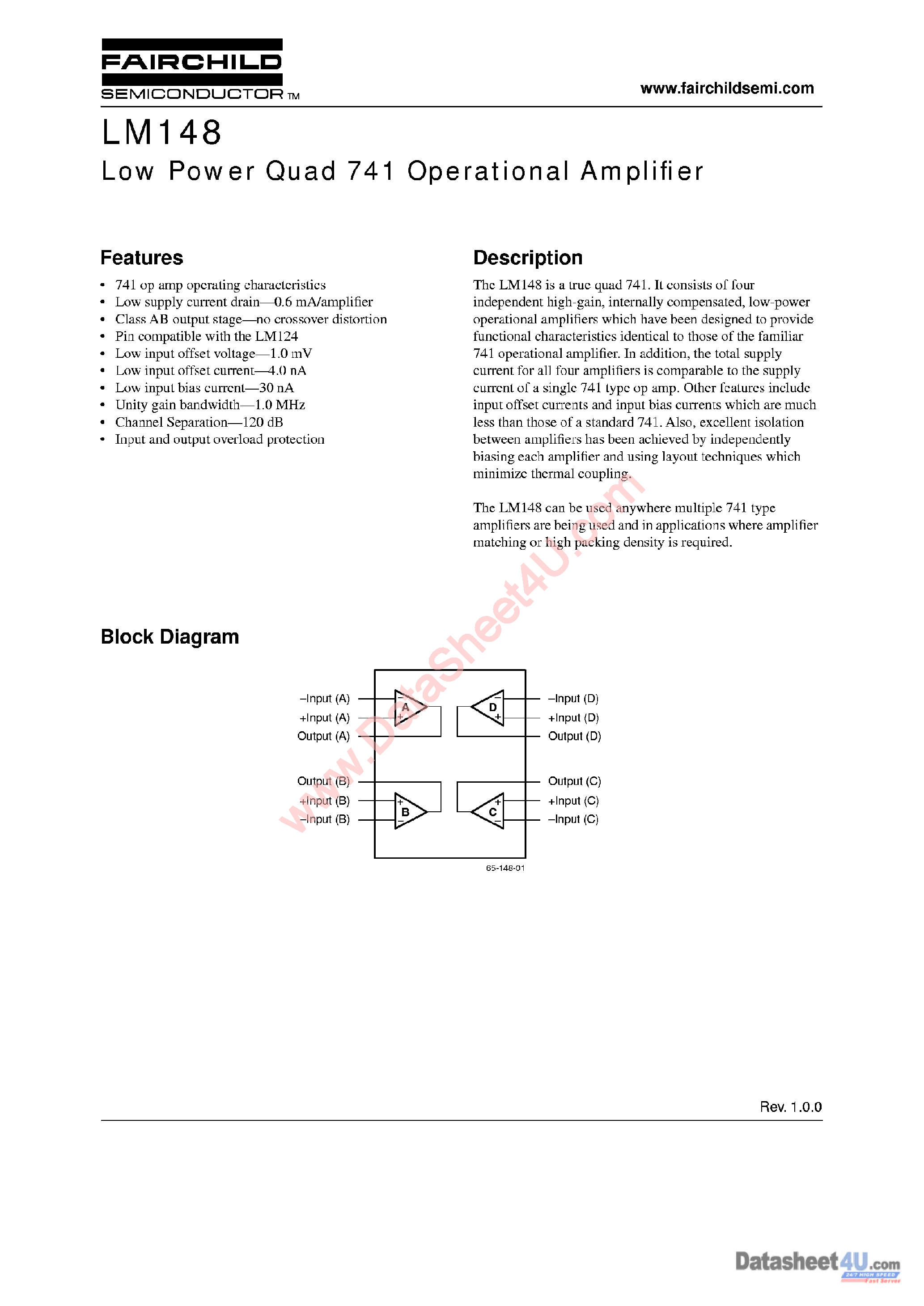 Datasheet UA148 - Low Power Quad 741 Operational Amplifier page 1