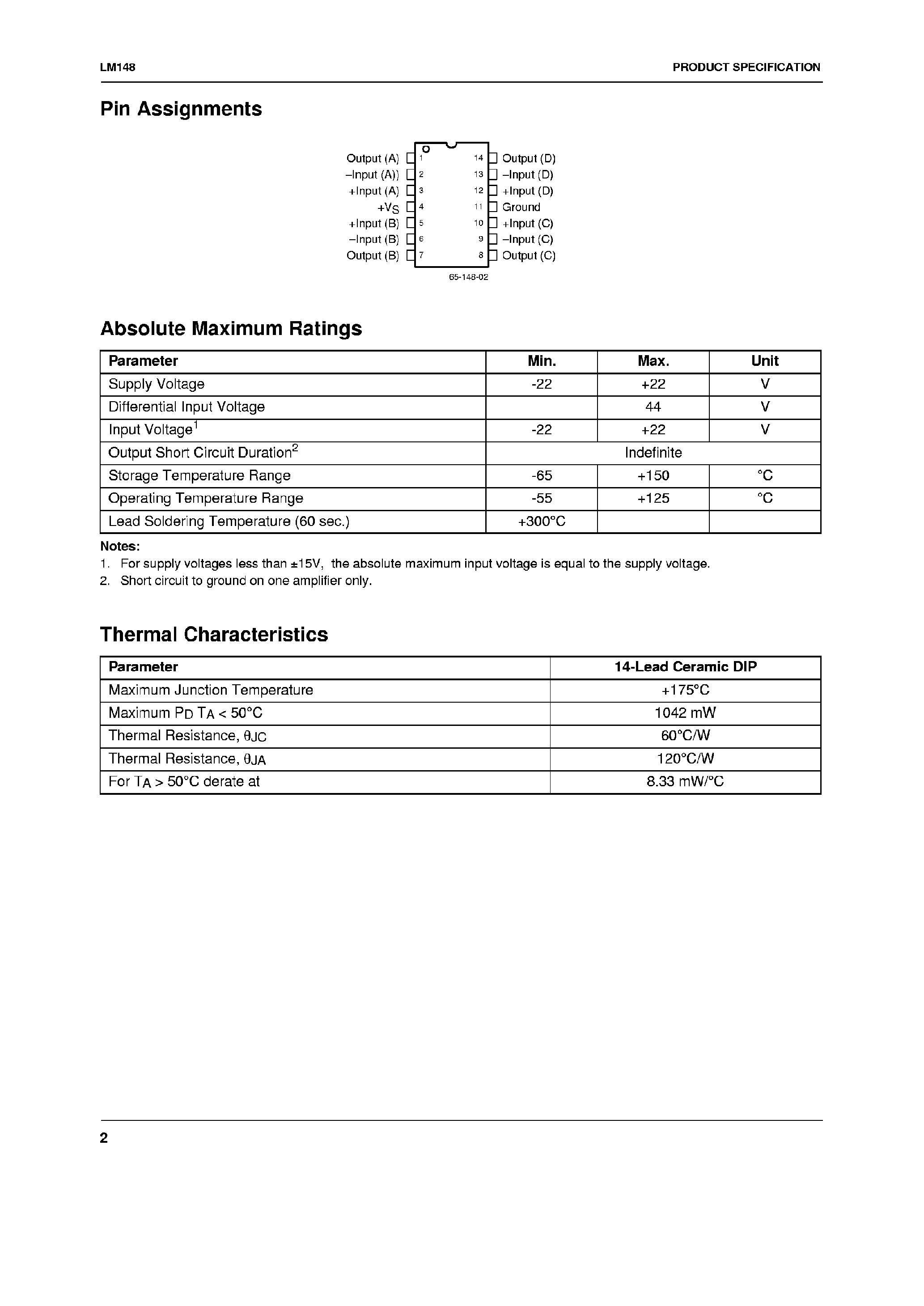 Даташит UA148 - Low Power Quad 741 Operational Amplifier страница 2