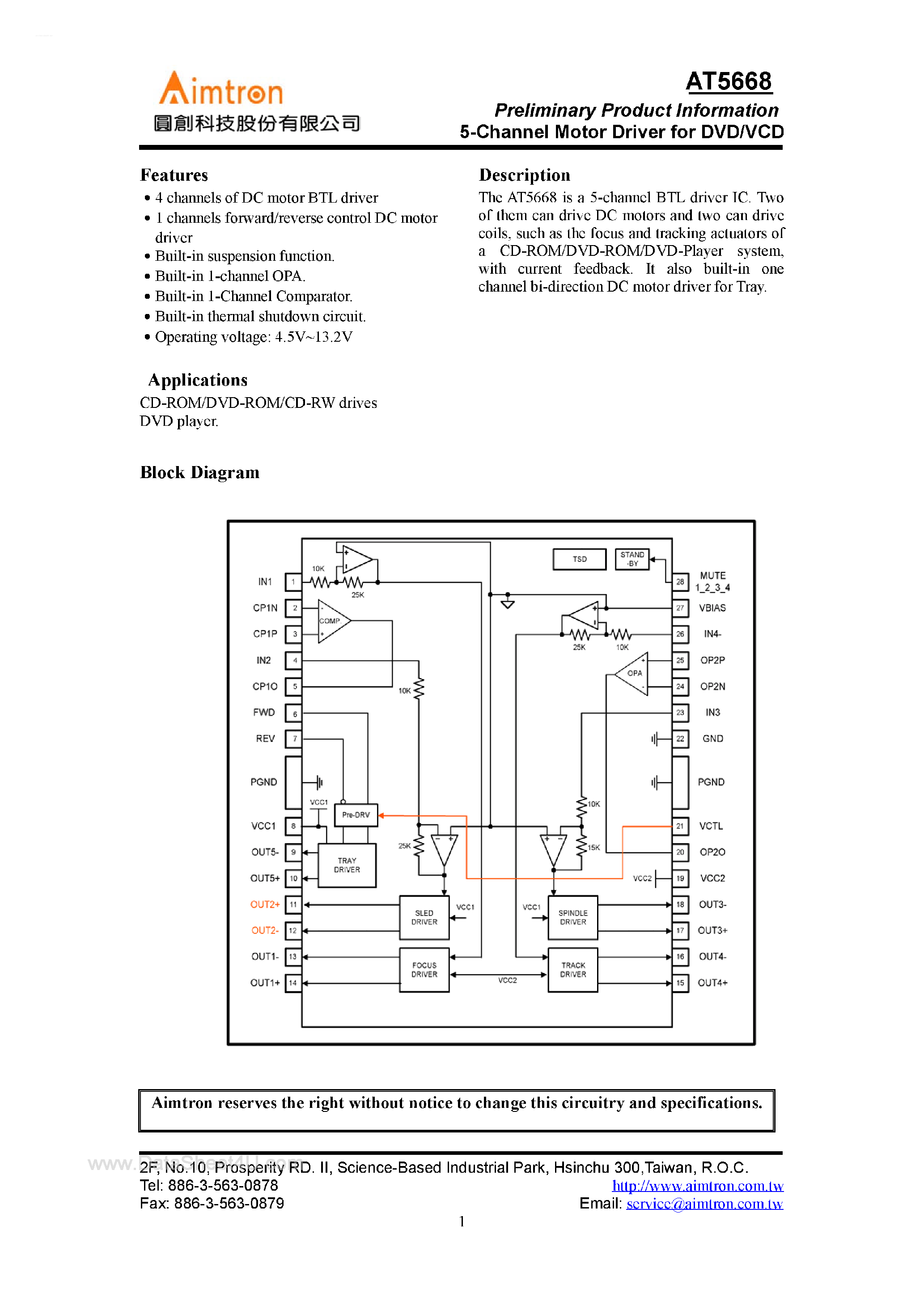 Datasheet AT5668 page 1 Datasheet AT5668 - 5-Channel Motor Driver page 1