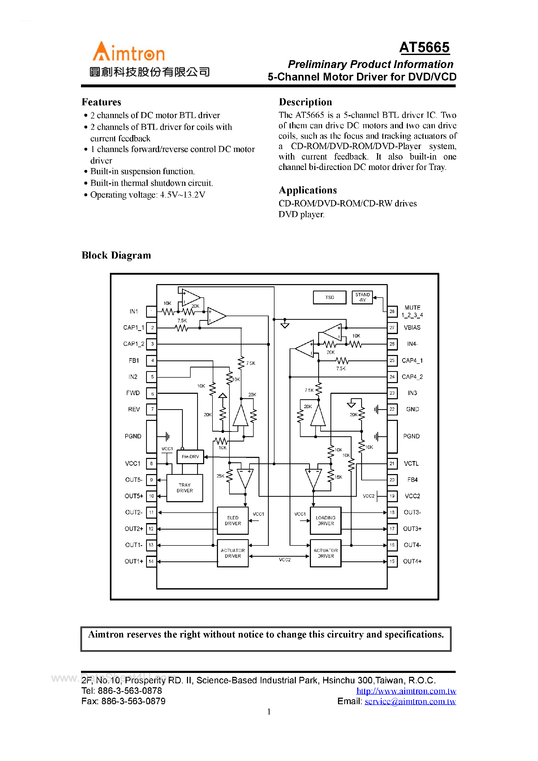 Datasheet AT5665 page 1 Datasheet AT5665 - 5-Channel Motor Driver page 1