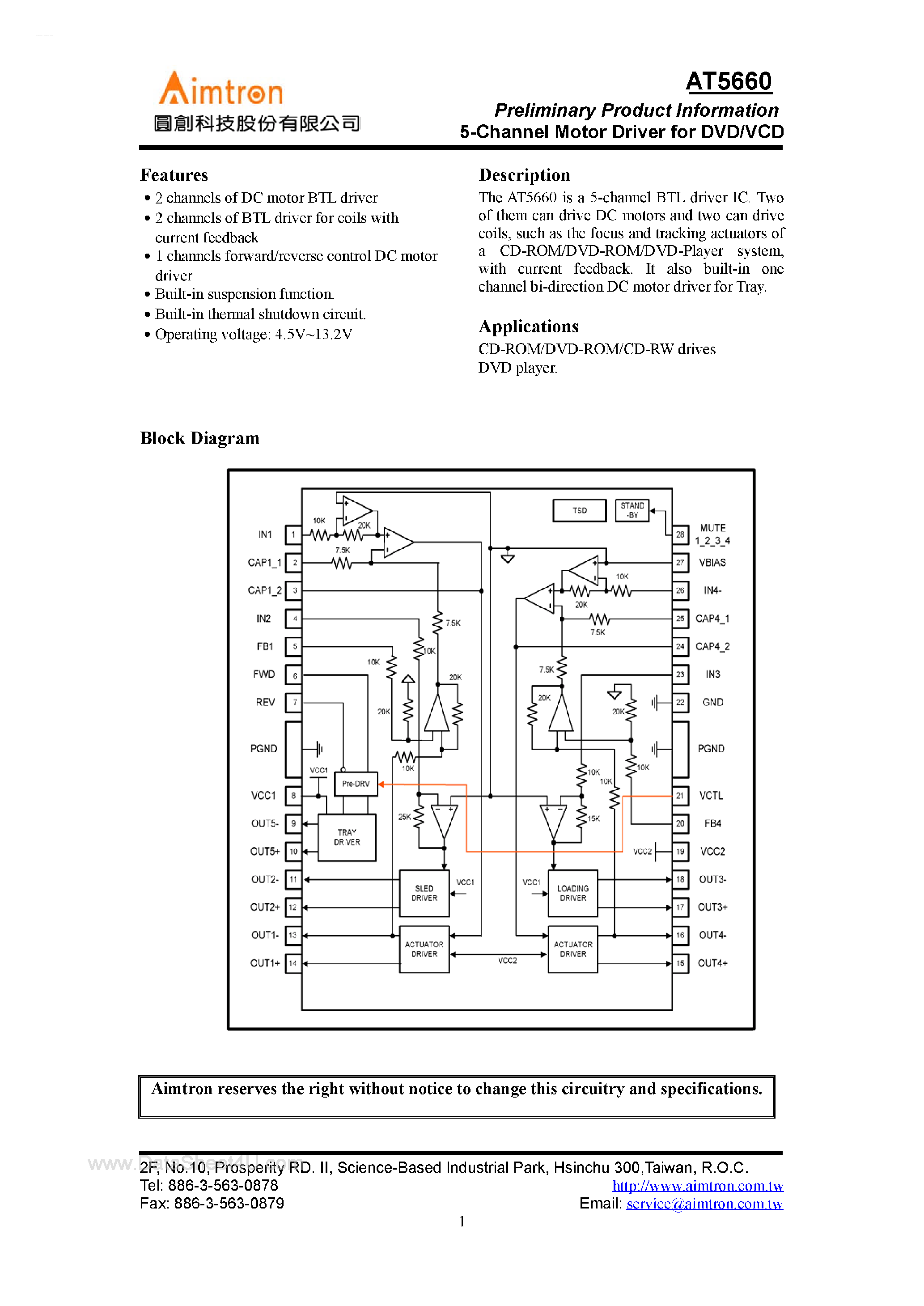 Datasheet AT5660 page 1 Datasheet AT5660 - 5-Channel Motor Driver page 1
