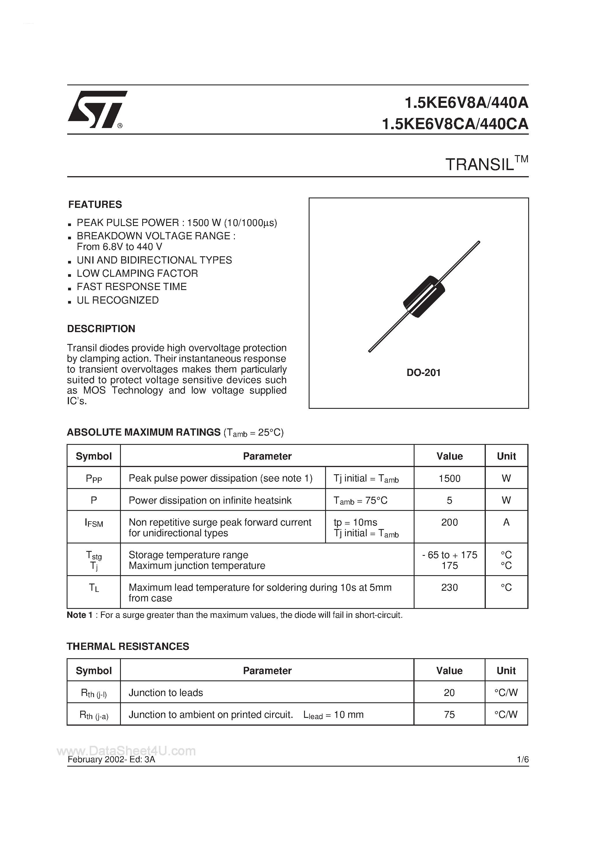 Datasheet 1.5KE18A page 1 Datasheet 1.5KE18A - (1.5KExxA) TRANSILTM page 1