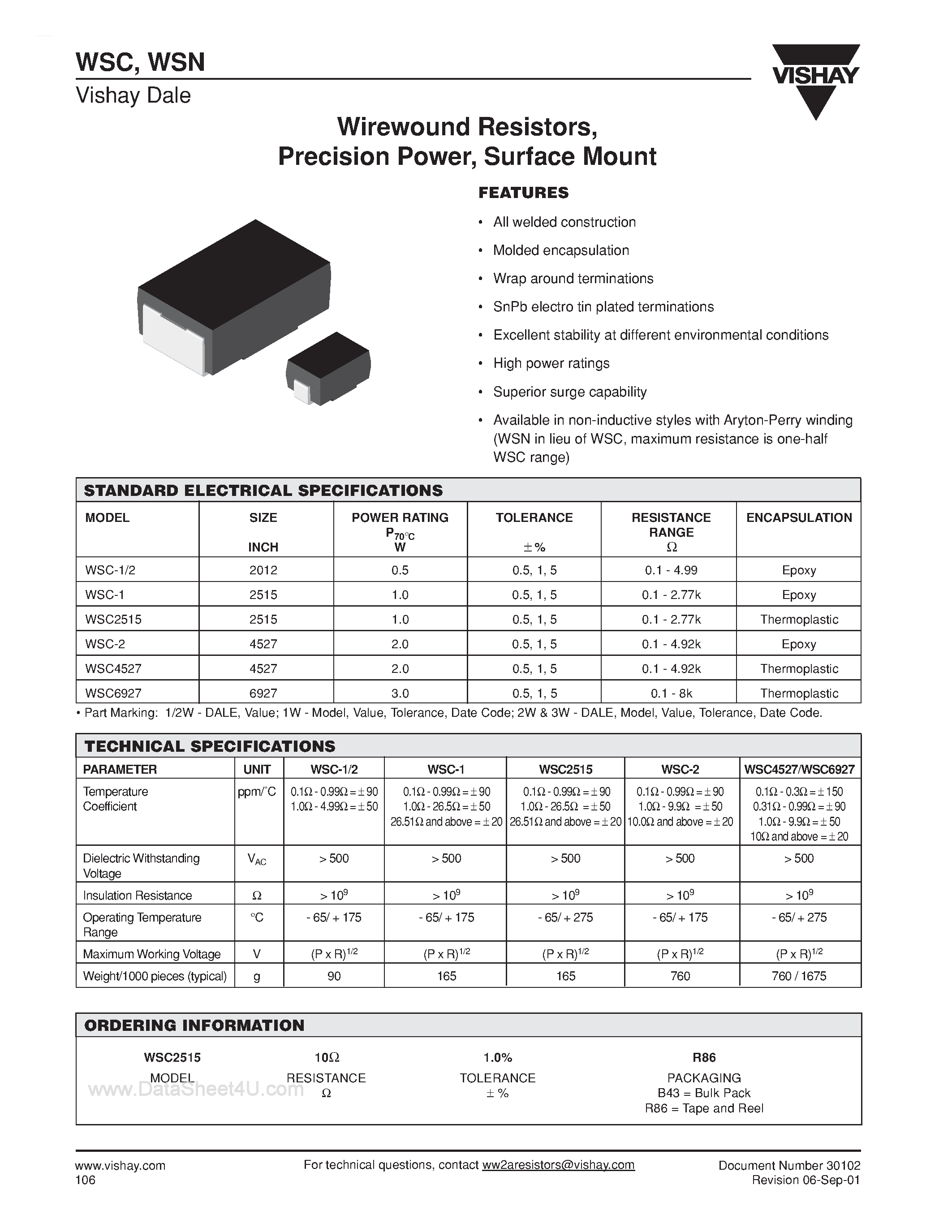 Datasheet WSC-1 - Wirewound Resistors / Precision Power / Surface Mount page 1