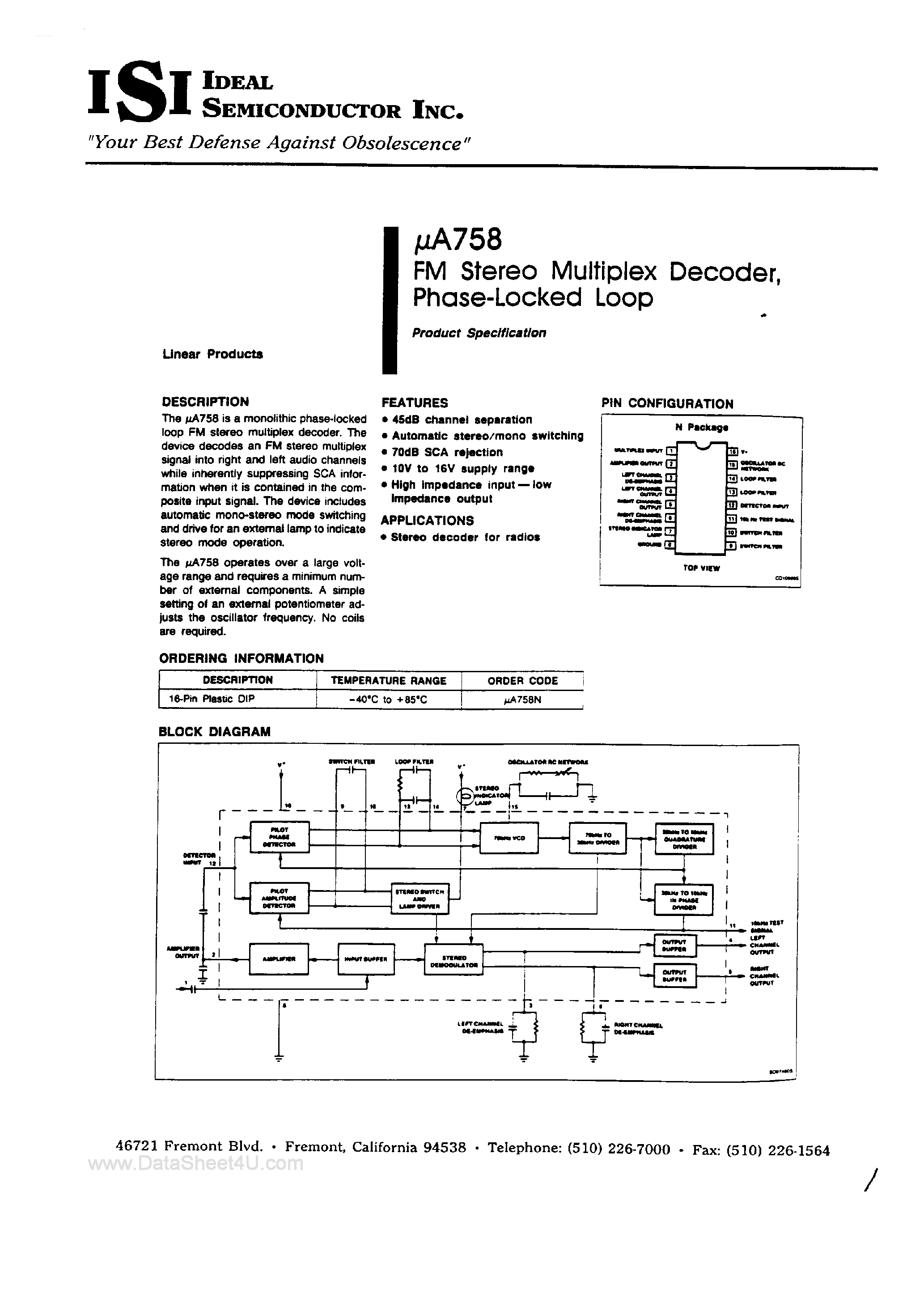 Даташит UA758 - FM Stereo Multiplex Decoder страница 1