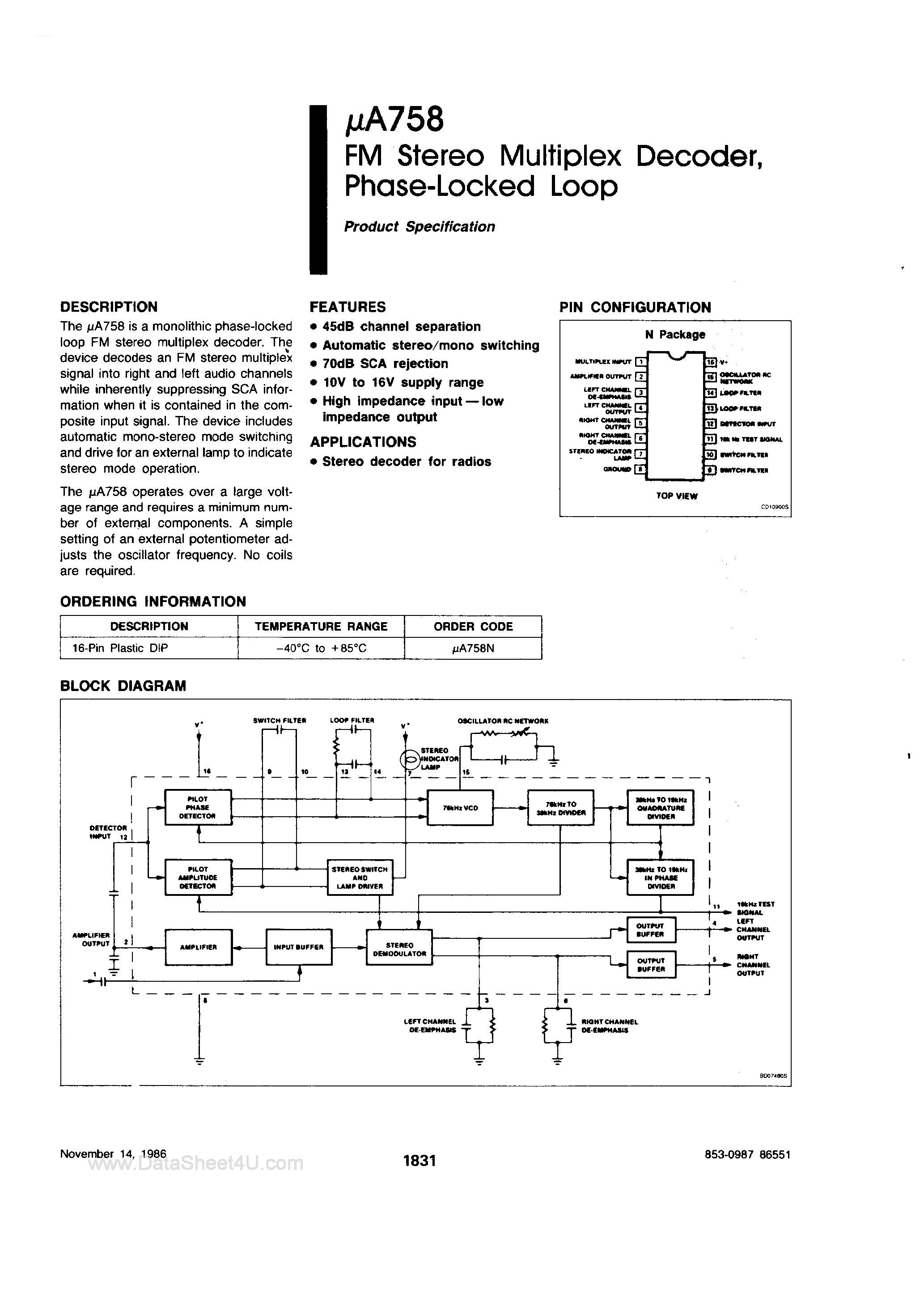 Даташит UA758 - FM Stereo Multiplex Decoder страница 1