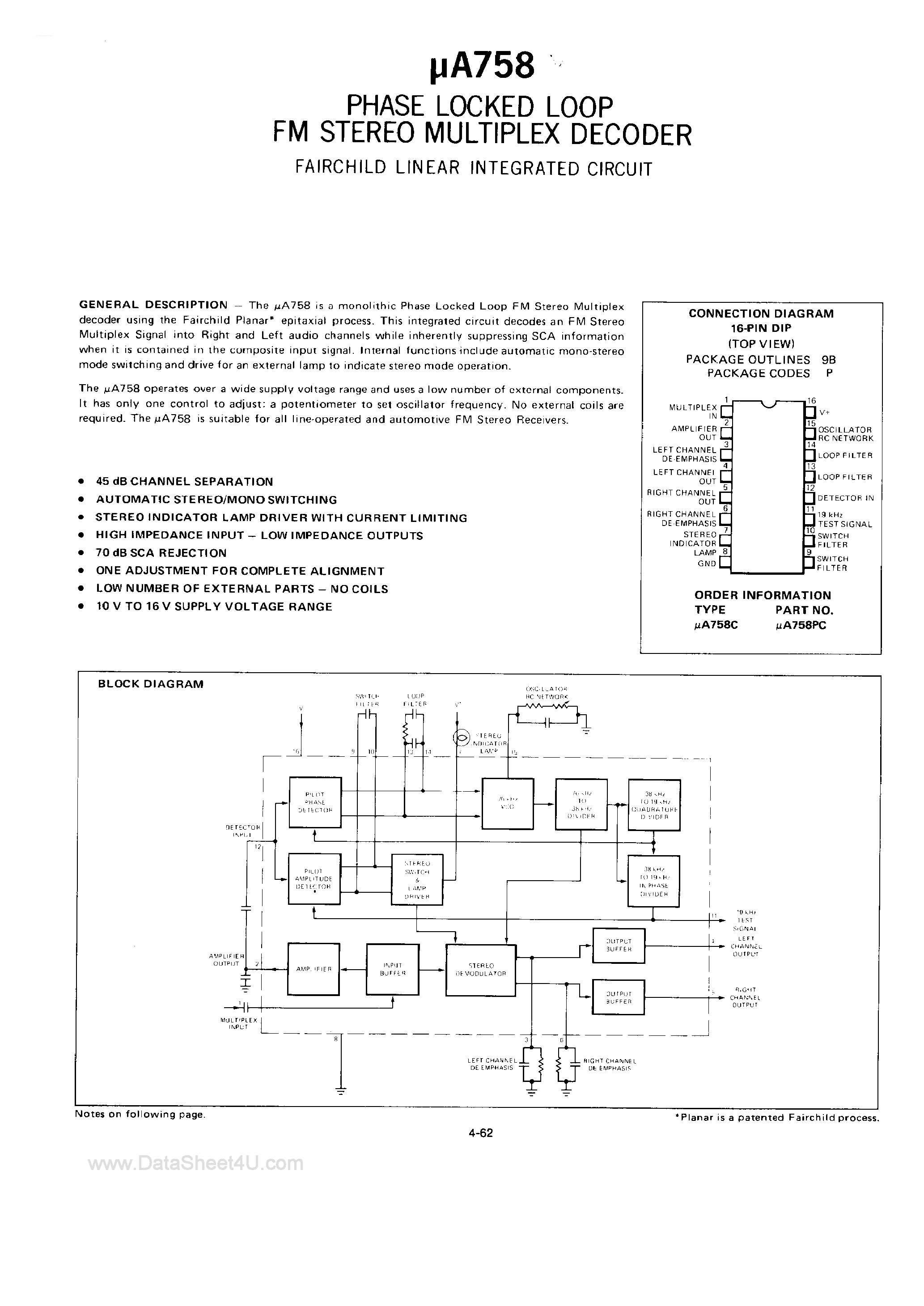 Даташит UA758 - FM Stereo Multiplex Decoder страница 1