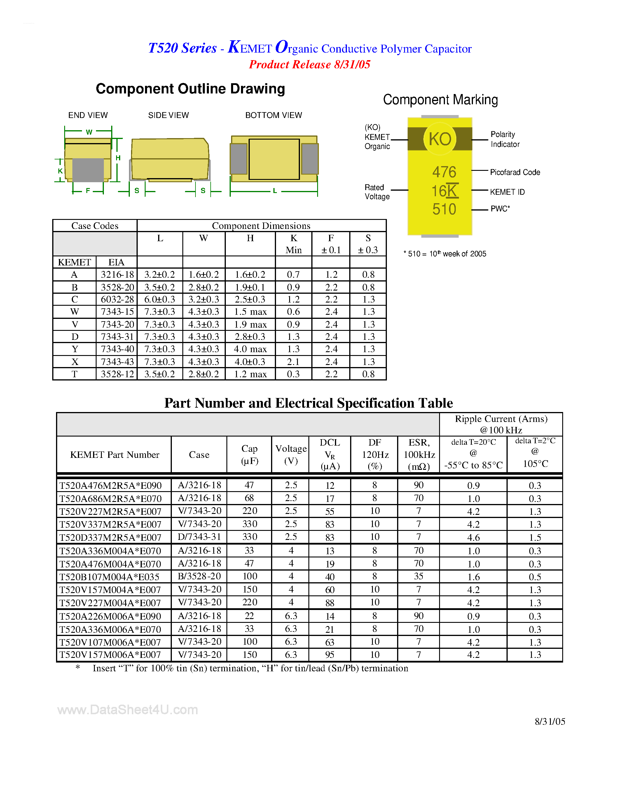 Datasheet T520A226M006A - (T520xxxxxxxA * Exx) T520 Series Conductive Polymer Capacitor page 1