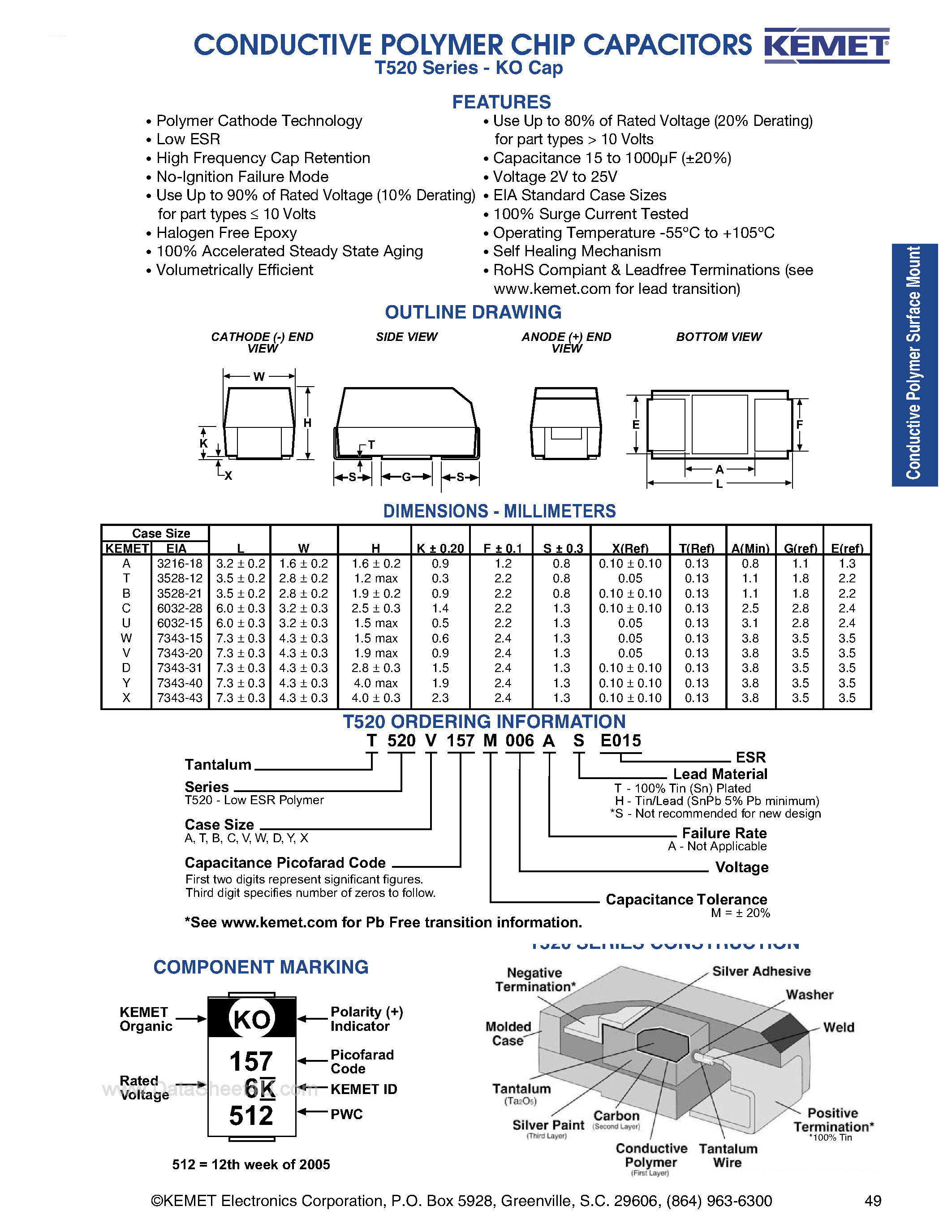Datasheet T520A226M006A - (T520 Series) Conductive Polymer Chip Capacitors page 1