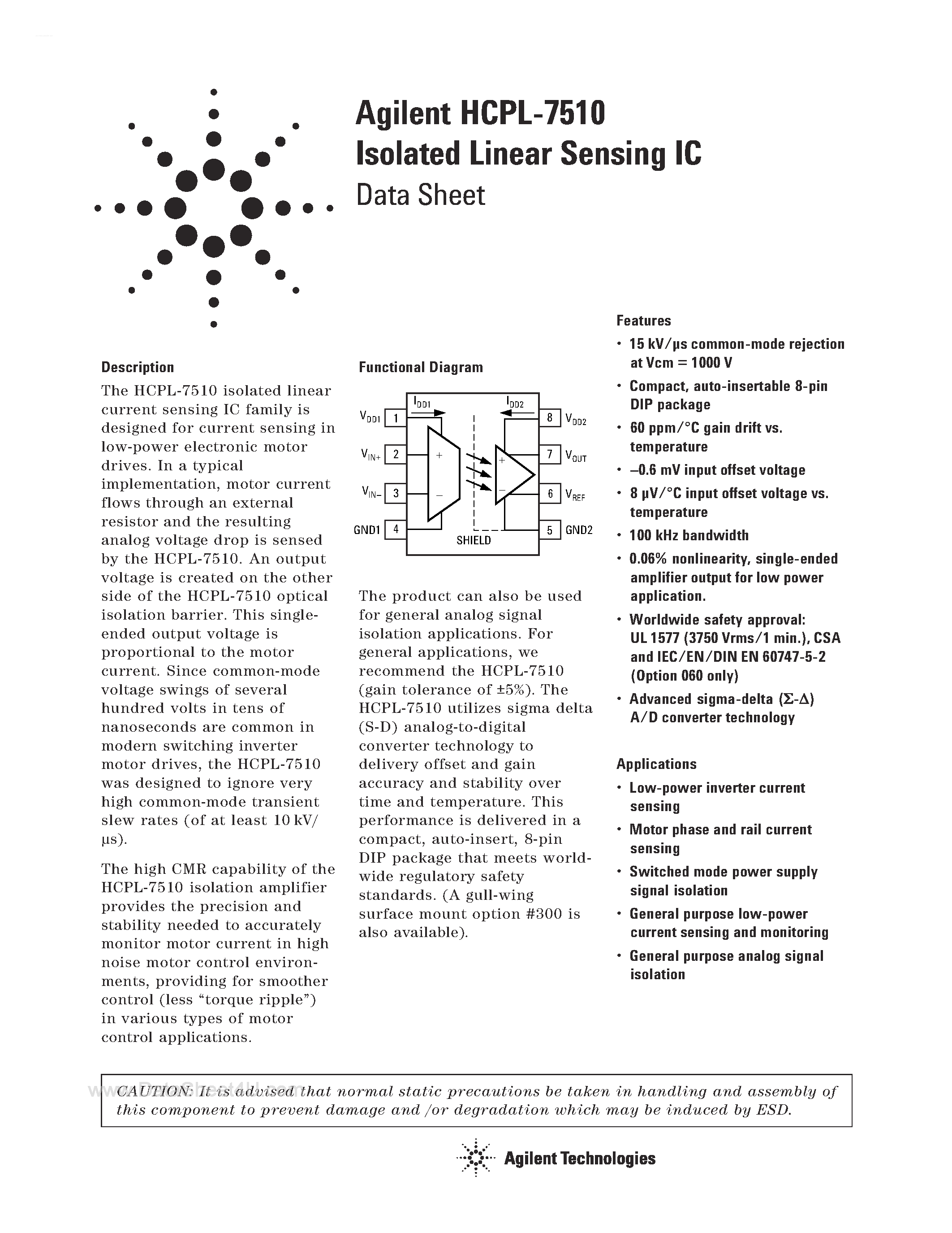 Даташит HCPL-7510 - Isolated Linear Sensing IC страница 1
