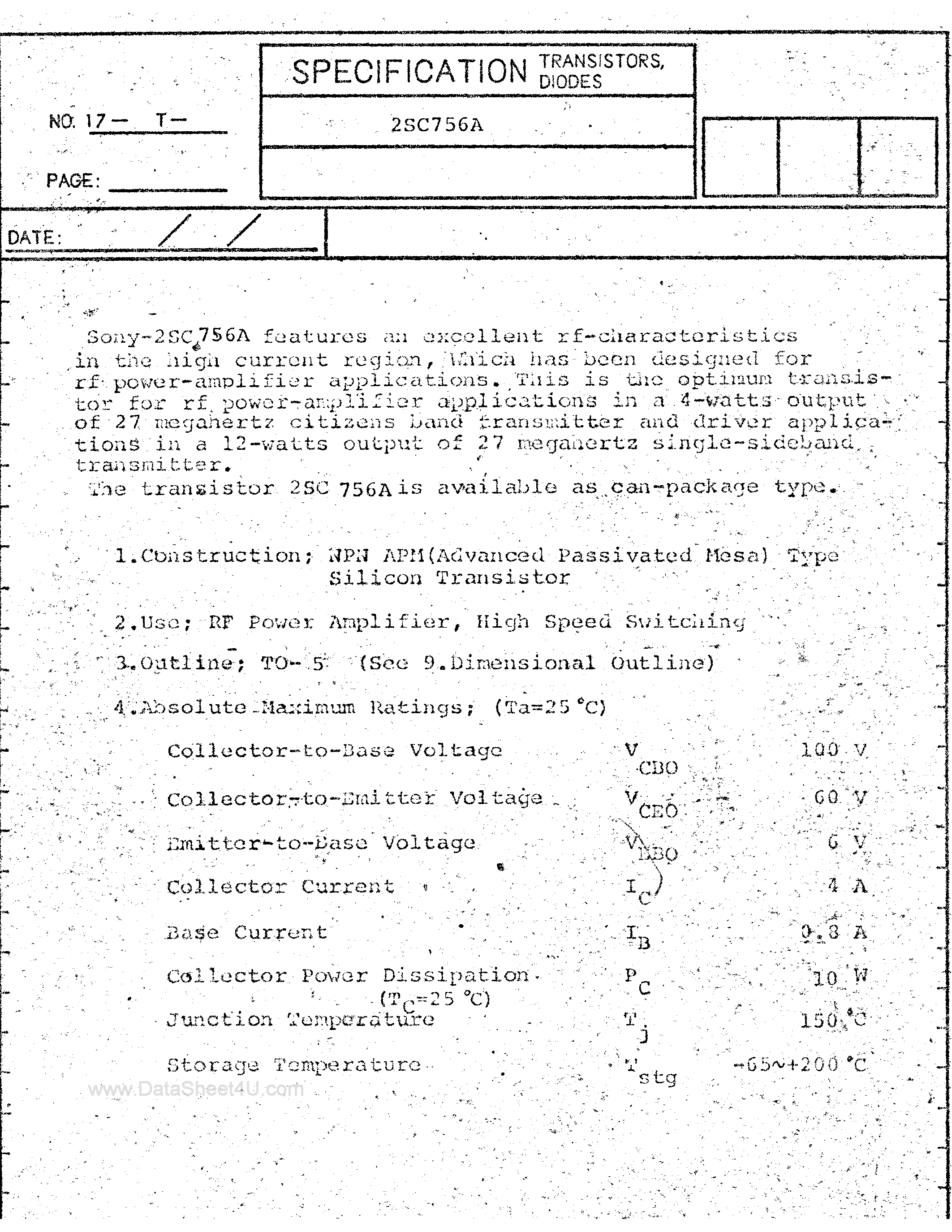 Даташит 2SC756A - SPECIFICATION TRANSISTORS / DIODES страница 1