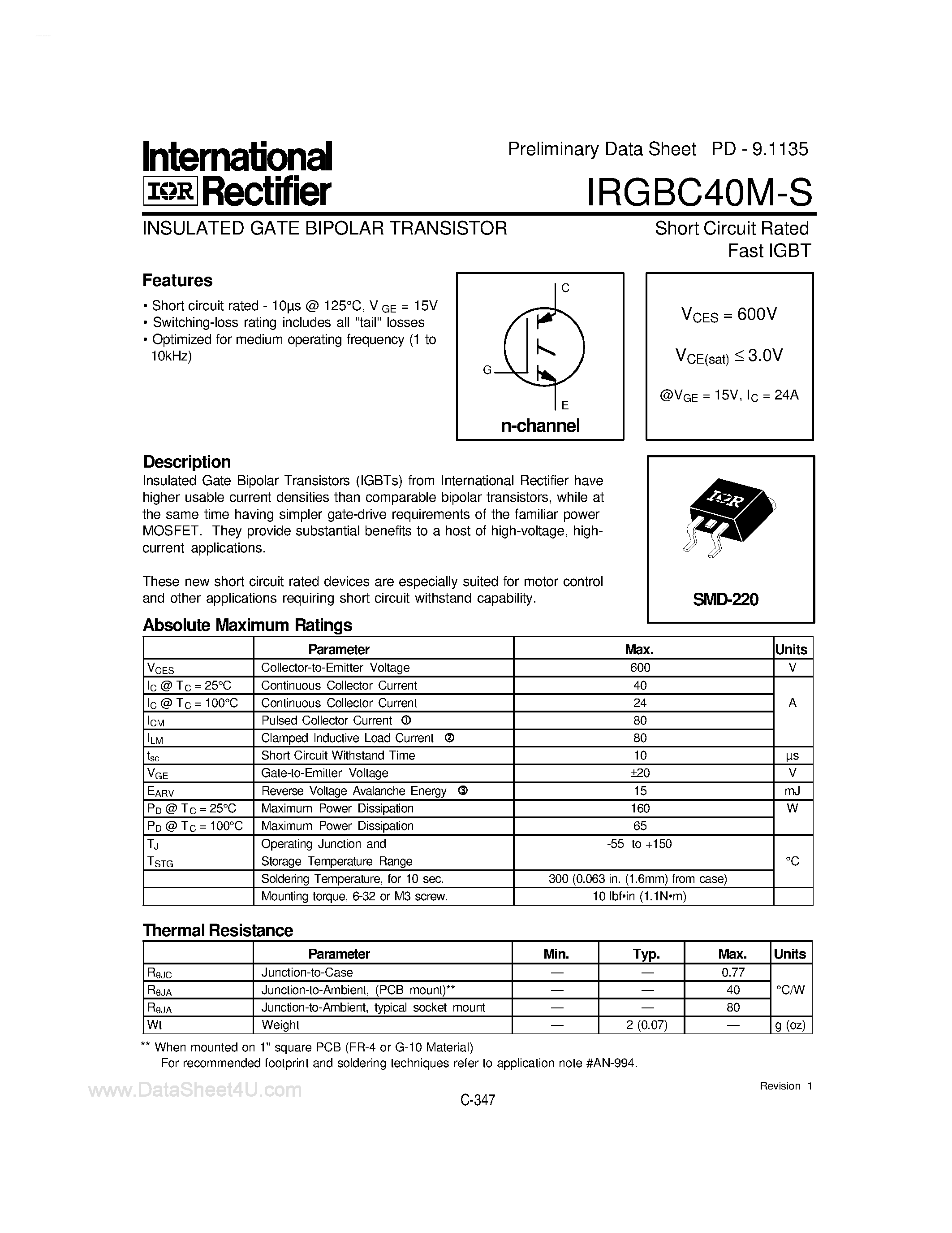Datasheet IRGBC40M-S - INSULATED GATE BIPOLAR TRANSISTOR page 1