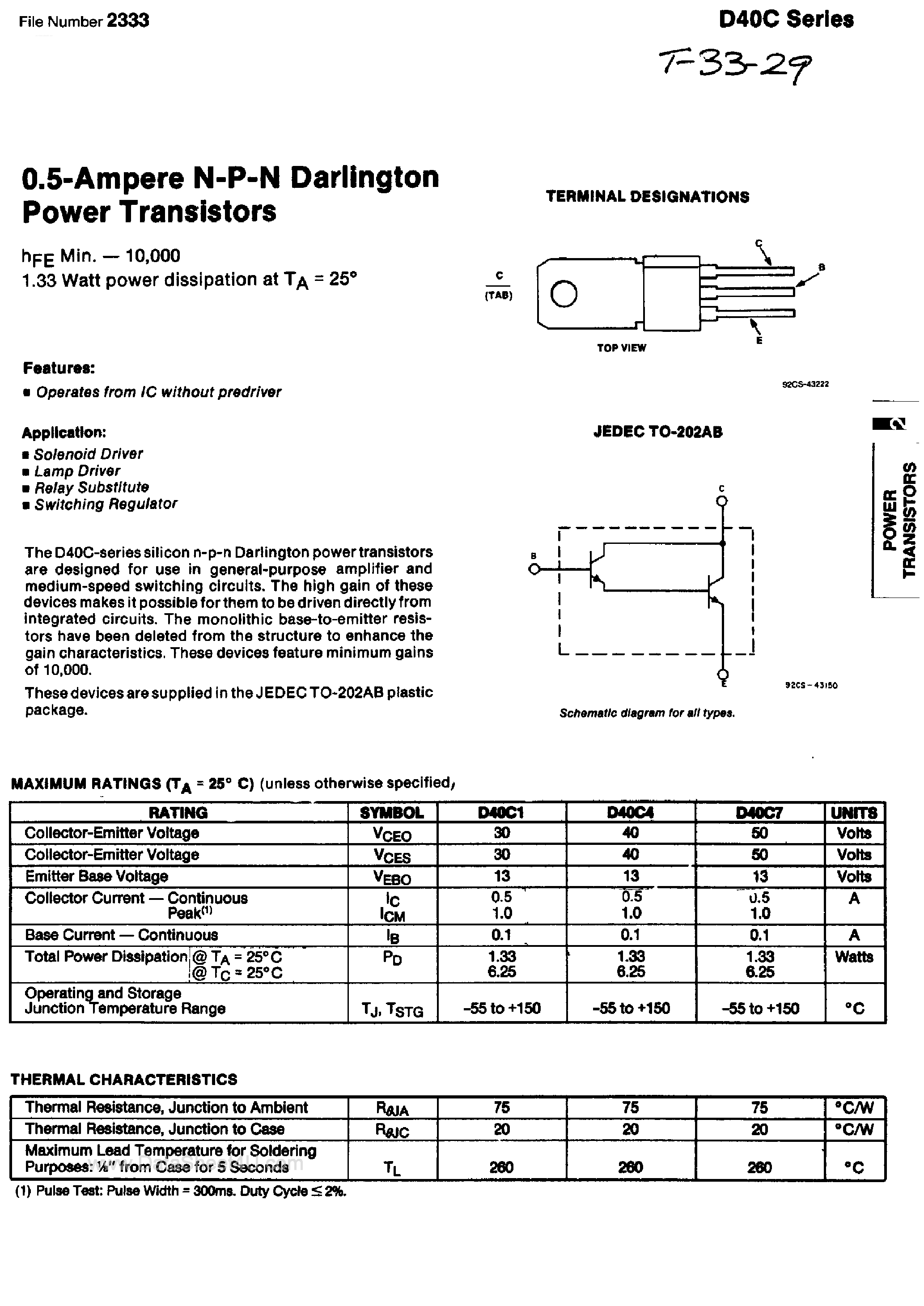 Datasheet D40C - 0.5 Amp NPN Darlington Power Transistors page 1