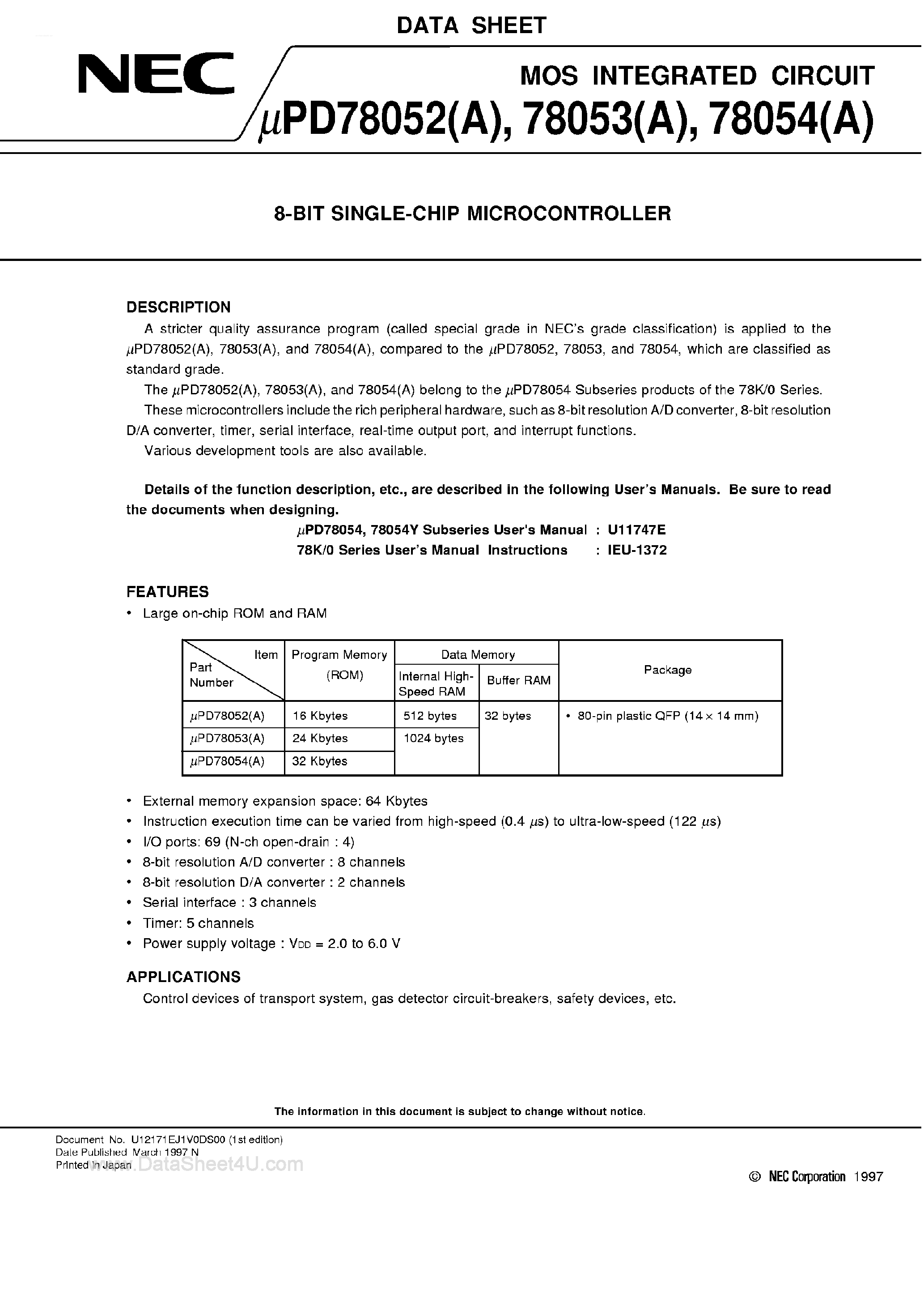 Даташит UPD78052 - (UPD78052 - UPD78054) 8-BIT SINGLE-CHIP MICROCOMPUTER страница 1